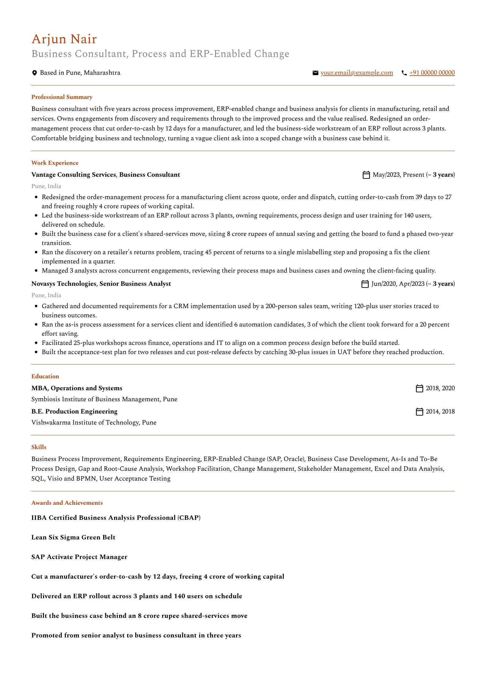 Business Consultant resume example for Business Consultant (5 years), professional template, showing professional summary, work experience, skills, education and certifications