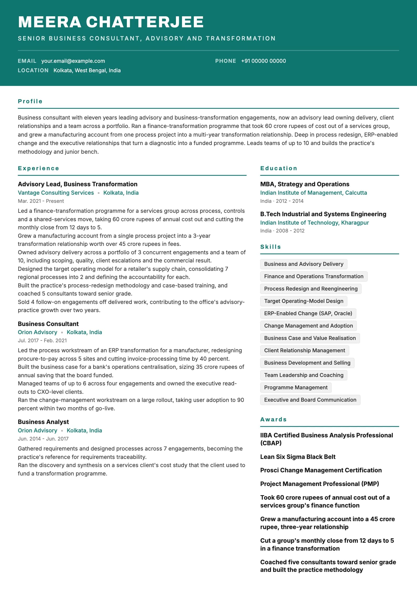 Business Consultant resume example for Senior Consultant / Advisory Lead (11 years), header-band template, showing professional summary, work experience, skills, education and certifications
