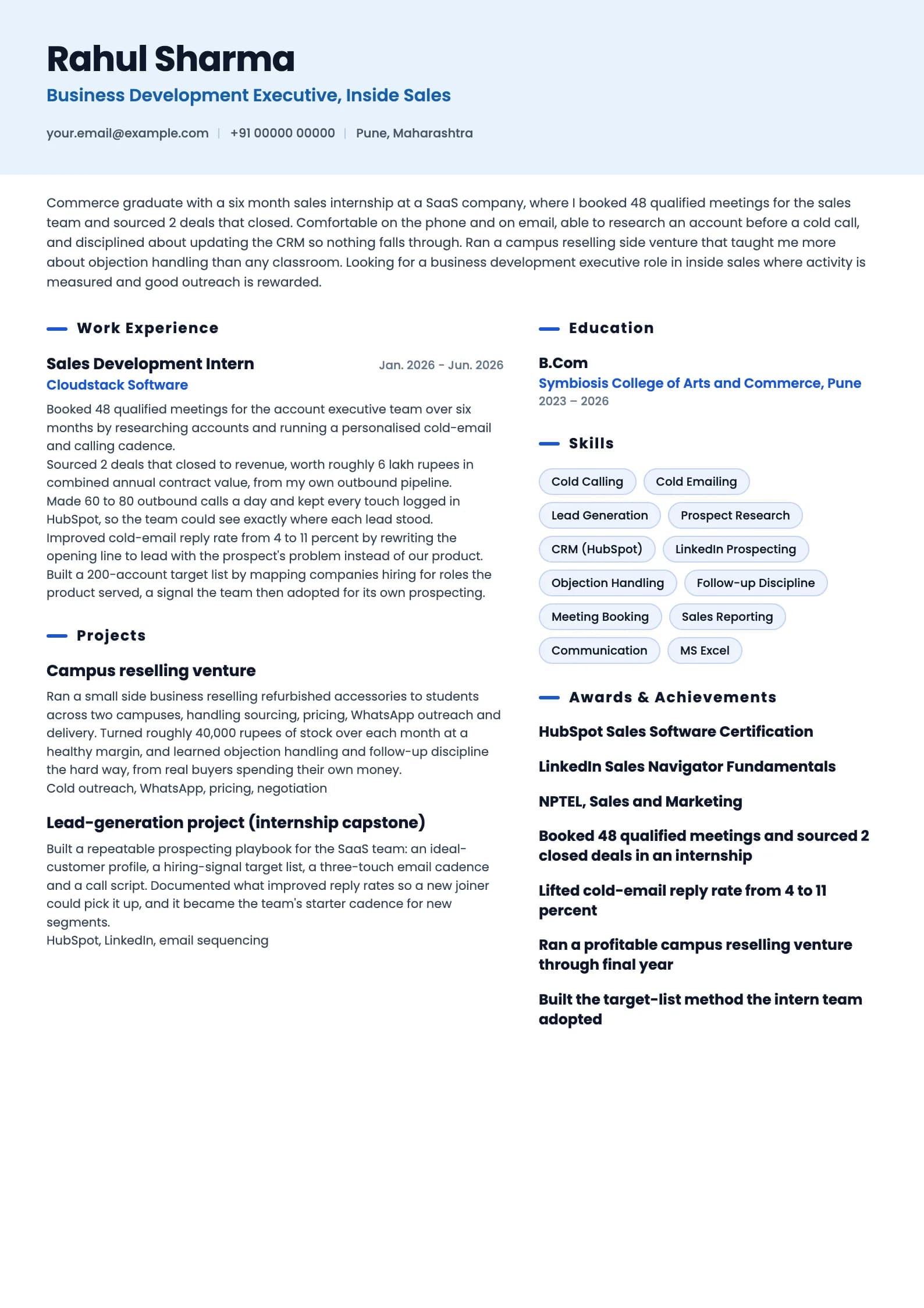 Business Development Executive resume example for Fresher (0 years), ai-era template, showing professional summary, work experience, projects, skills, education and certifications