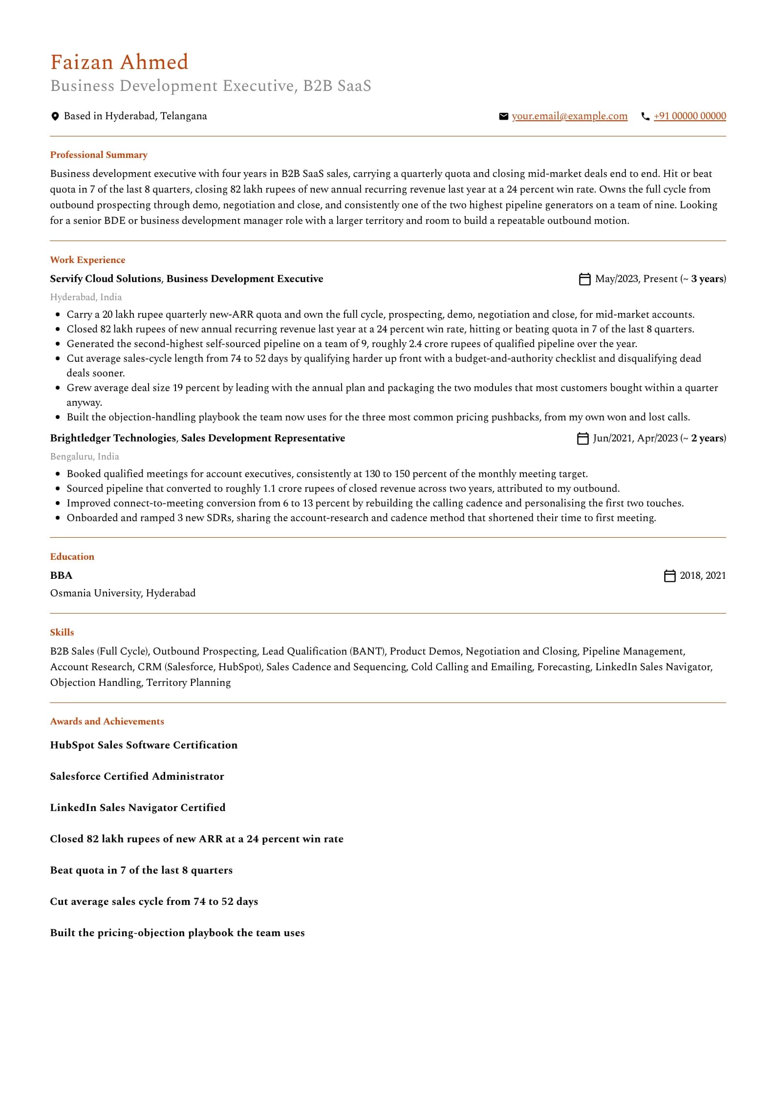Business Development Executive resume example for Business Development Executive (4 years), minimalist template, showing professional summary, work experience, skills, education and certifications
