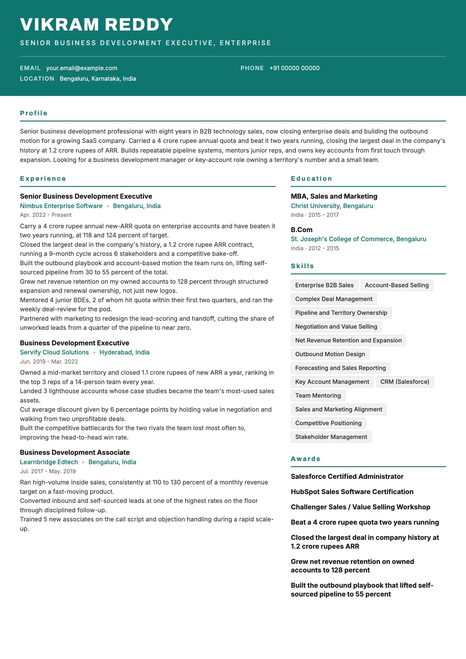 Business Development Executive resume example for Senior BDE / BD Manager (8 years), header-band template, showing professional summary, work experience, skills, education and certifications