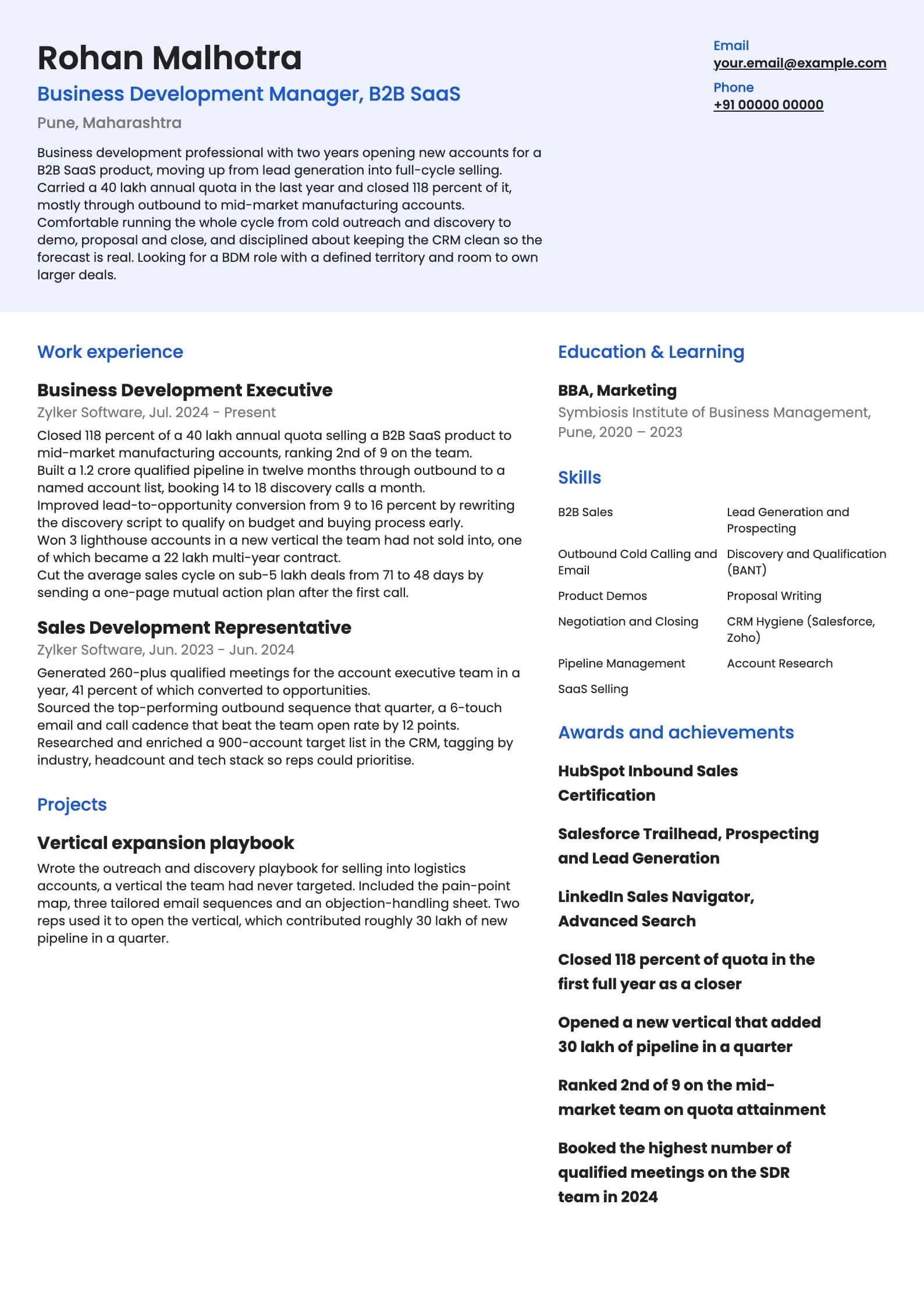 Business Development Manager resume example for Early-career (2 years), modern template, showing professional summary, work experience, projects, skills, education and certifications