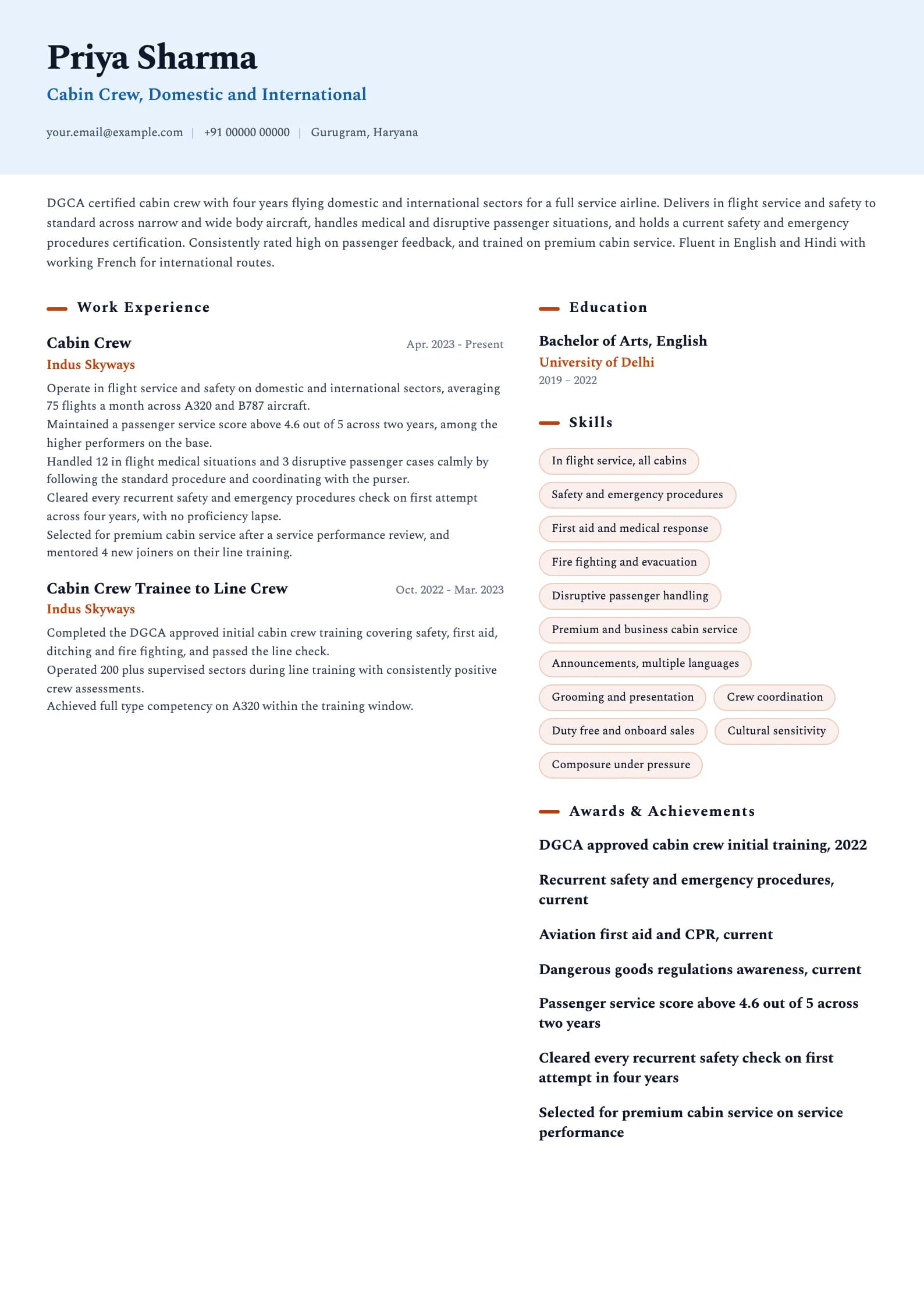 Cabin Crew resume example for Experienced Flight Attendant (4 years), ai-era template, showing professional summary, work experience, skills, education and certifications