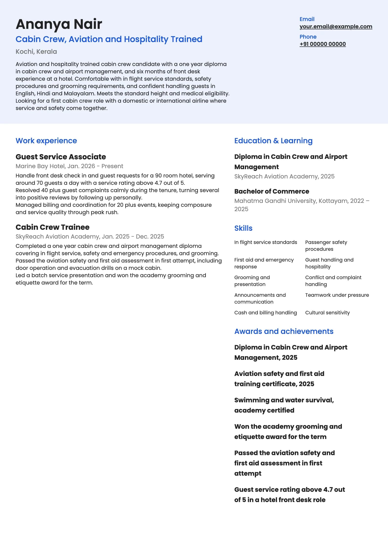 Cabin Crew resume example for Fresher (0 to 1 year), modern template, showing professional summary, work experience, skills, education and certifications