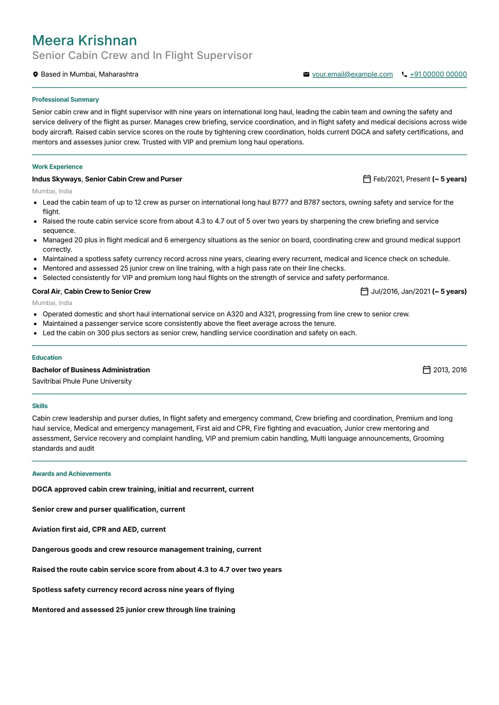 Cabin Crew resume example for Senior Cabin Crew (9 years), professional template, showing professional summary, work experience, skills, education and certifications