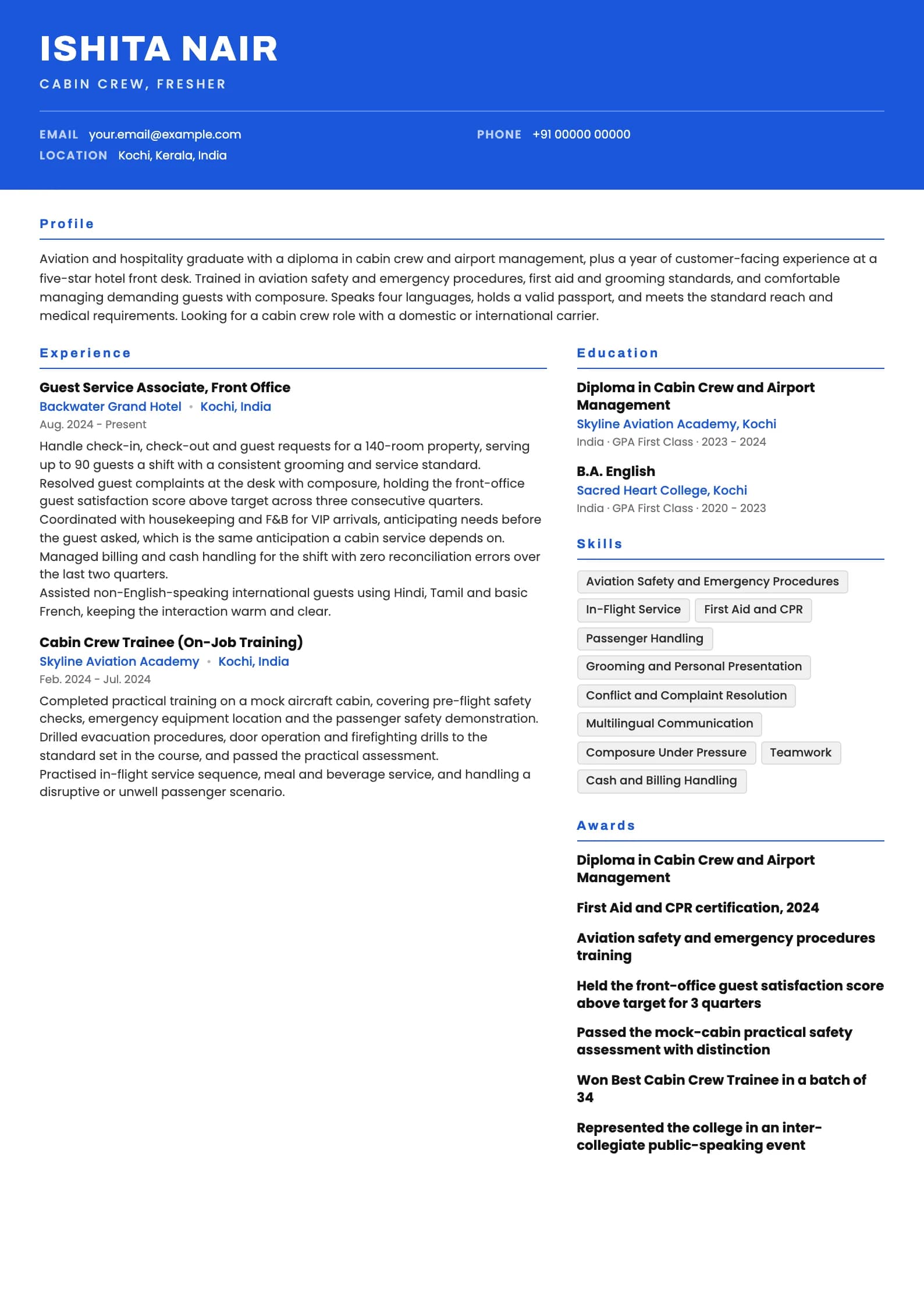 Cabin Crew resume example for Fresher (0 years flying), header-band template, showing professional summary, work experience, skills, education and certifications