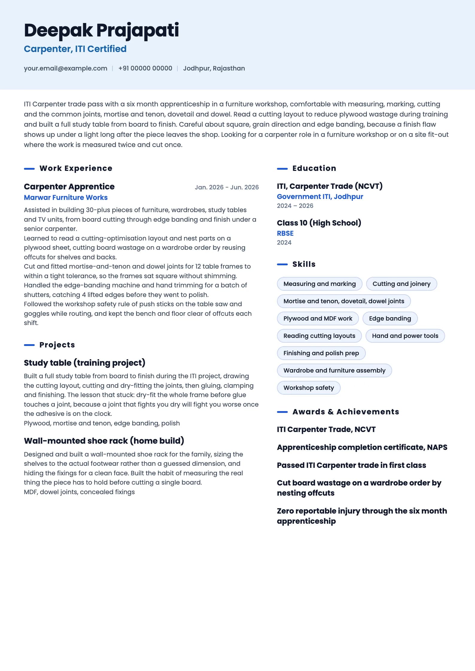 Carpenter resume example for Fresher (ITI, 0 years), ai-era template, showing professional summary, work experience, projects, skills, education and certifications