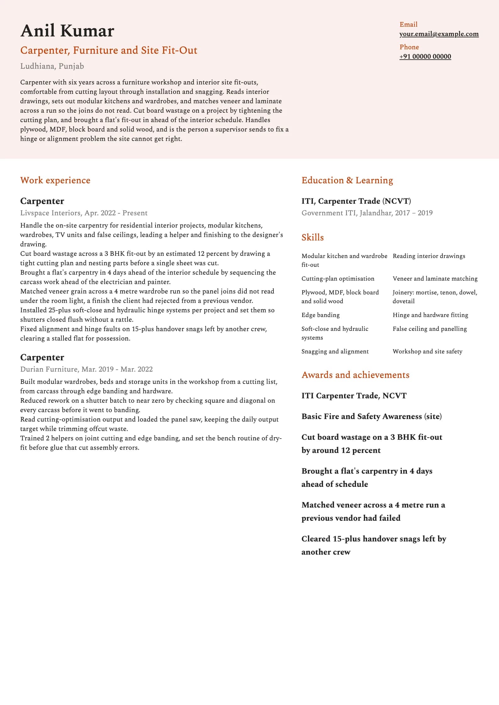 Carpenter resume example for Mid-level (6 years), modern template, showing professional summary, work experience, skills, education and certifications