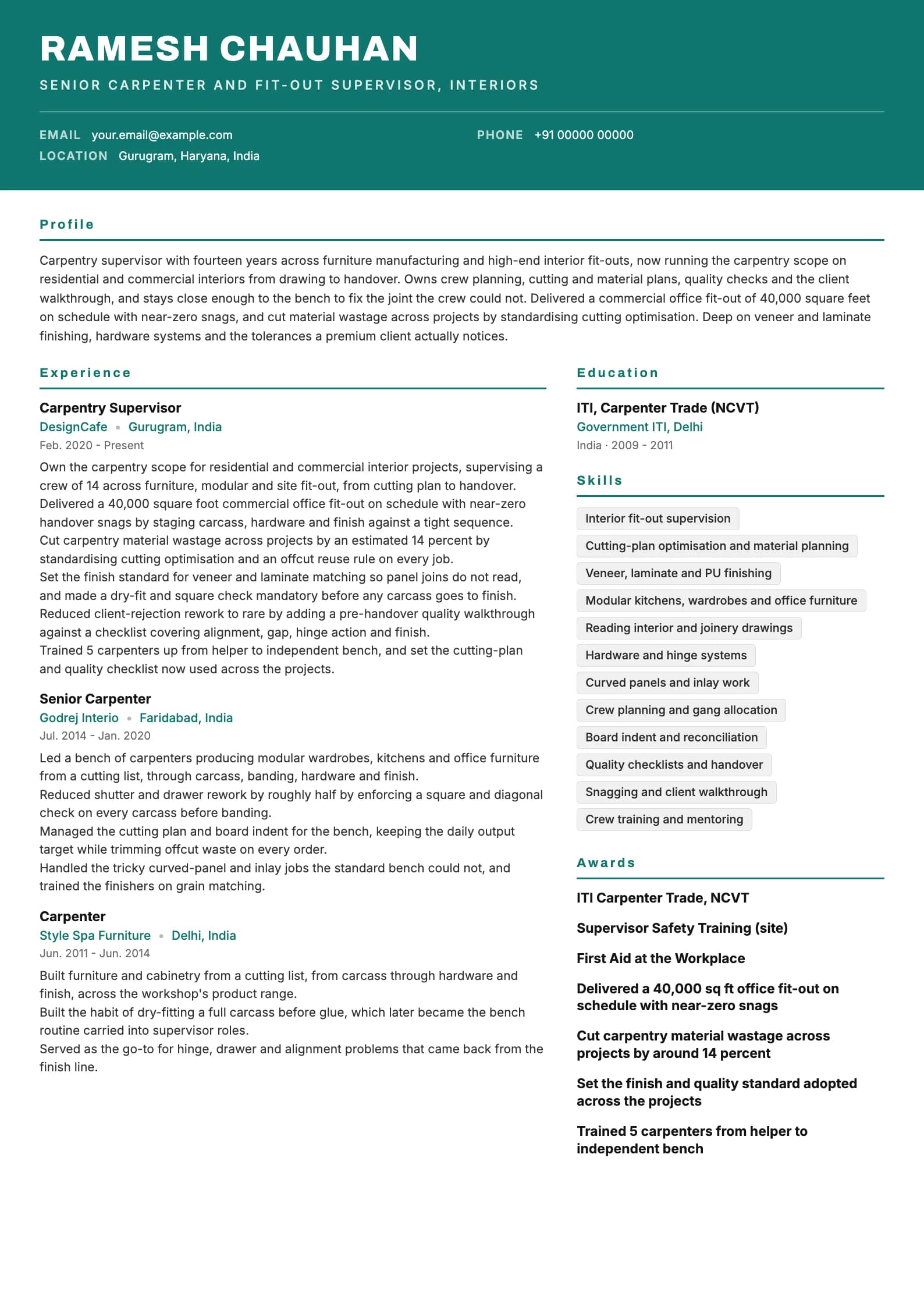 Carpenter resume example for Senior (14 years), header-band template, showing professional summary, work experience, skills, education and certifications
