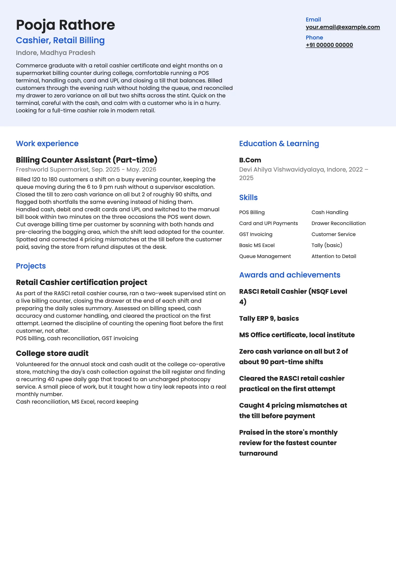 Cashier resume example for Fresher (0 to 1 year), modern template, showing professional summary, work experience, projects, skills, education and certifications