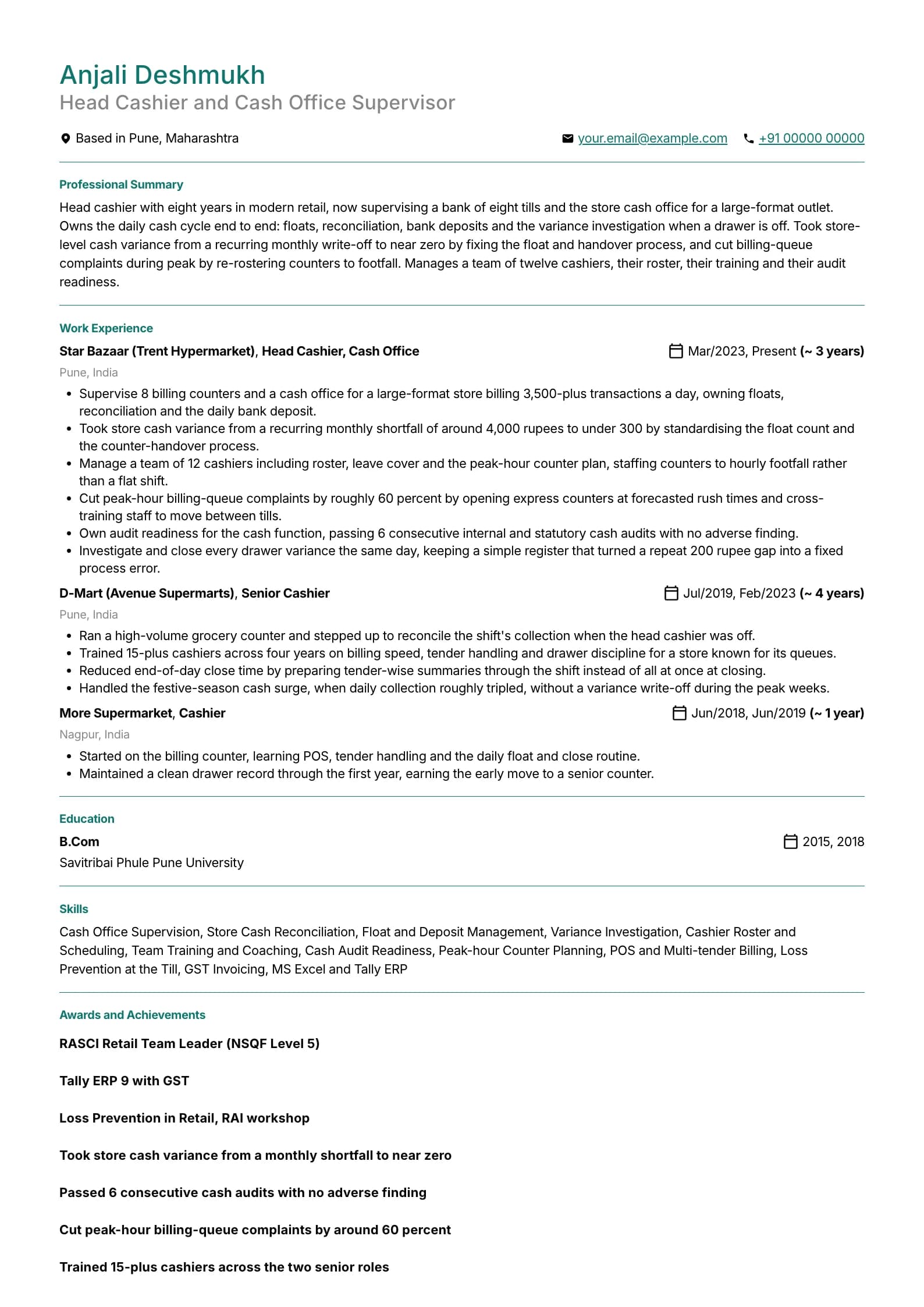 Cashier resume example for Head Cashier (8 years), minimalist template, showing professional summary, work experience, skills, education and certifications
