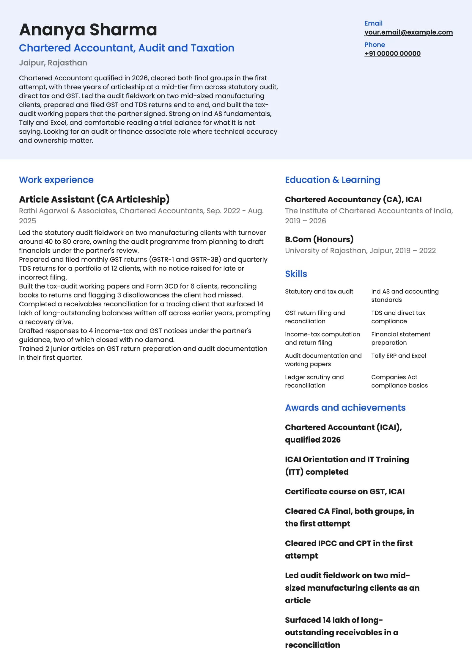 Chartered Accountant resume example for Fresh CA (0 years post-qualification), modern template, showing professional summary, work experience, skills, education and certifications