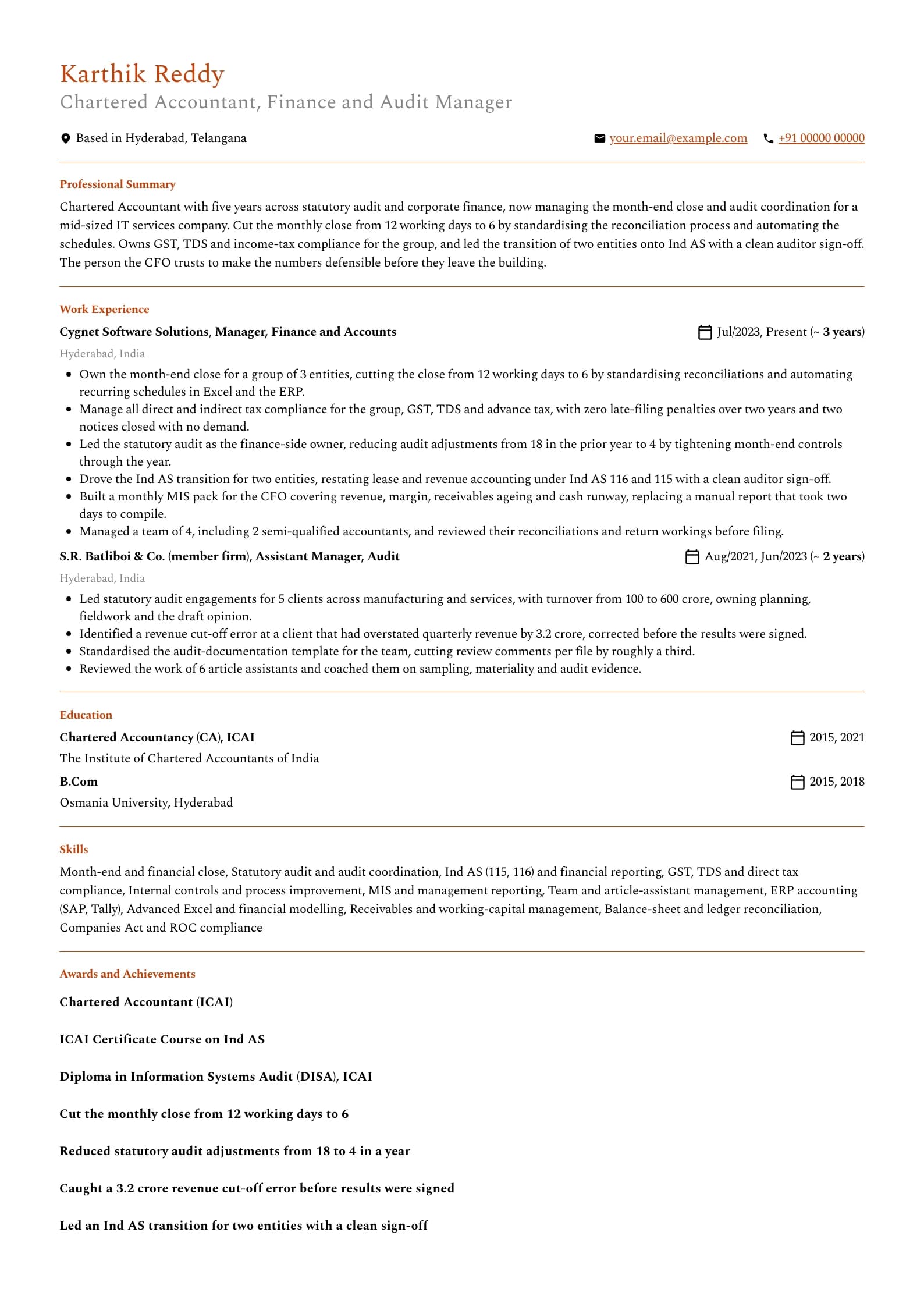 Chartered Accountant resume example for Manager (5 years), professional template, showing professional summary, work experience, skills, education and certifications