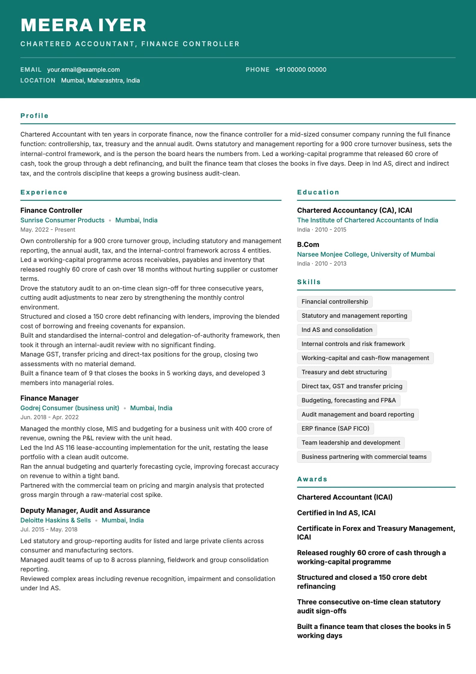 Chartered Accountant resume example for Finance Controller (10 years), header-band template, showing professional summary, work experience, skills, education and certifications