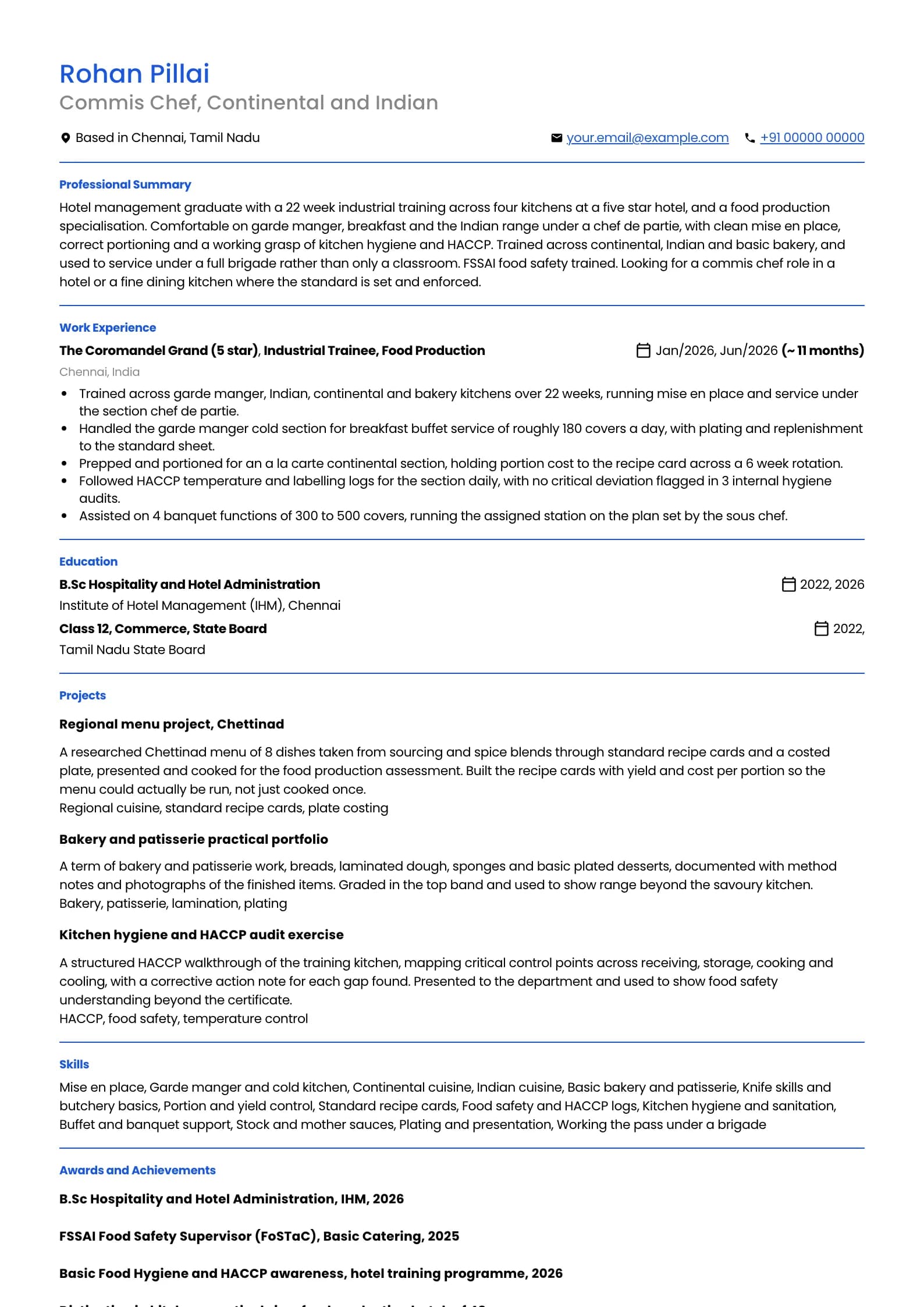 Chef resume example for Commis, IHM graduate (0 years), professional template, showing professional summary, work experience, projects, skills, education and certifications