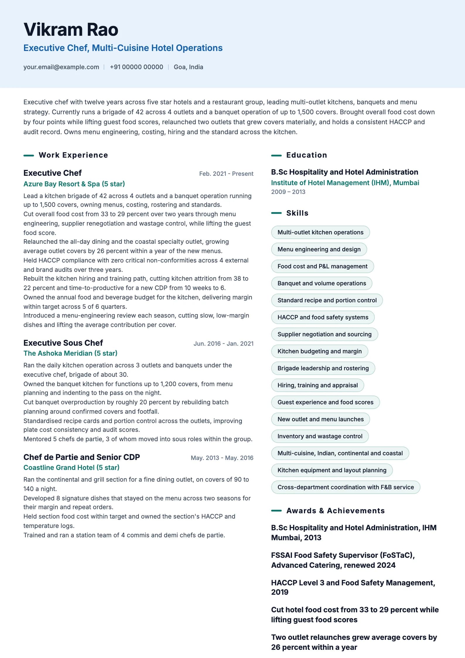 Chef resume example for Executive Chef (12 years), ai-era template, showing professional summary, work experience, skills, education and certifications