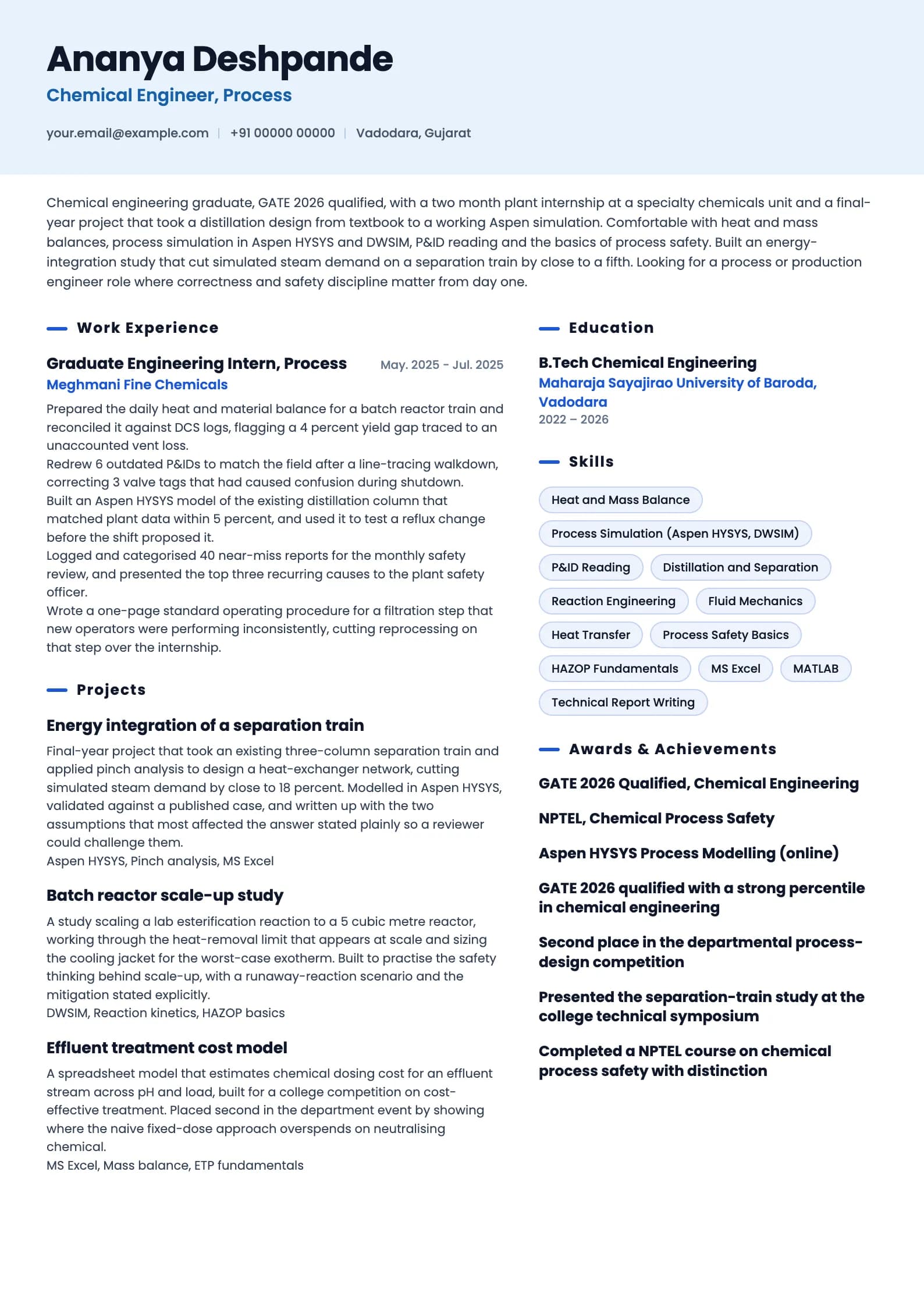 Chemical Engineer resume example for Fresher (0 years), ai-era template, showing professional summary, work experience, projects, skills, education and certifications