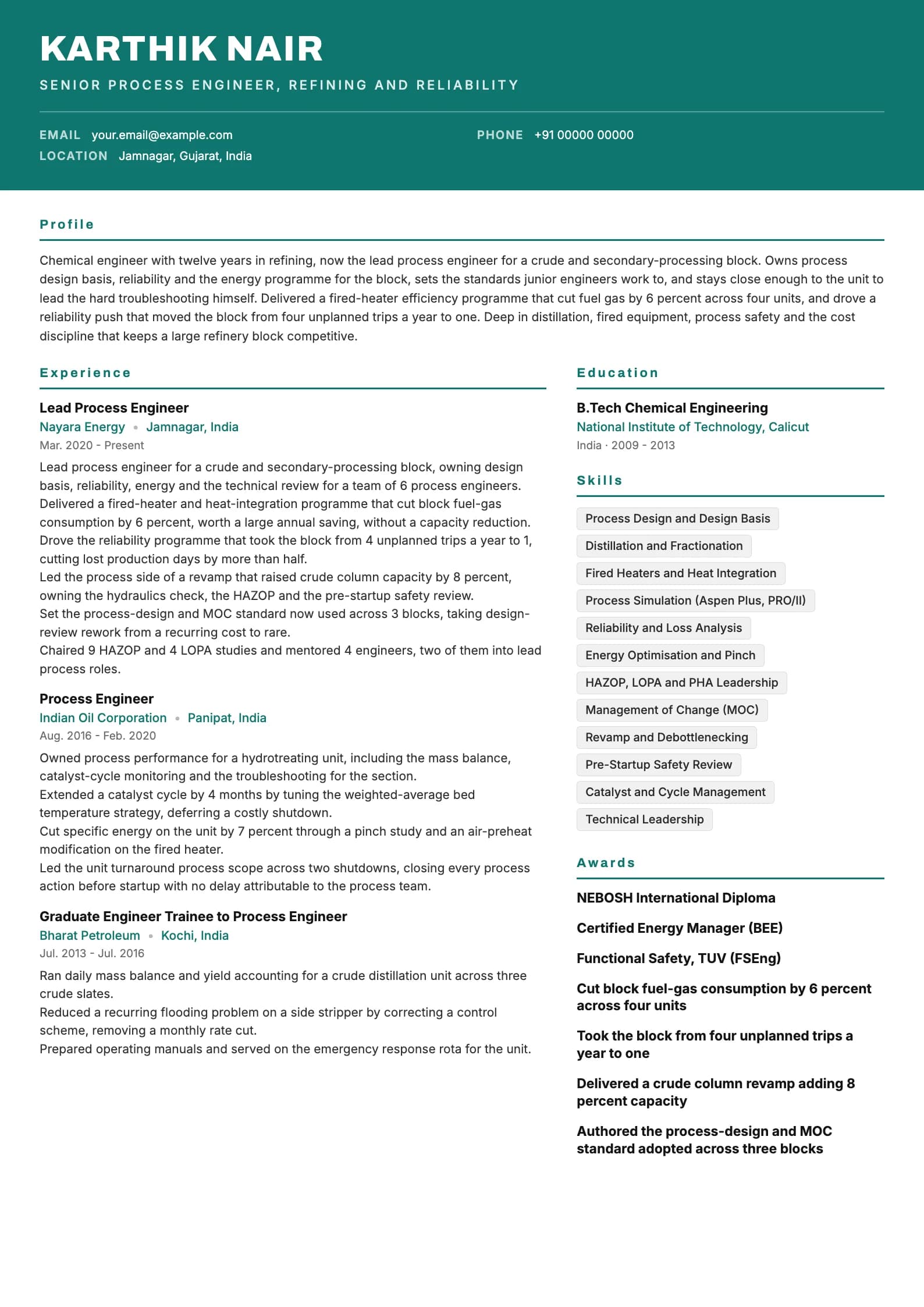 Chemical Engineer resume example for Senior (12 years), header-band template, showing professional summary, work experience, skills, education and certifications