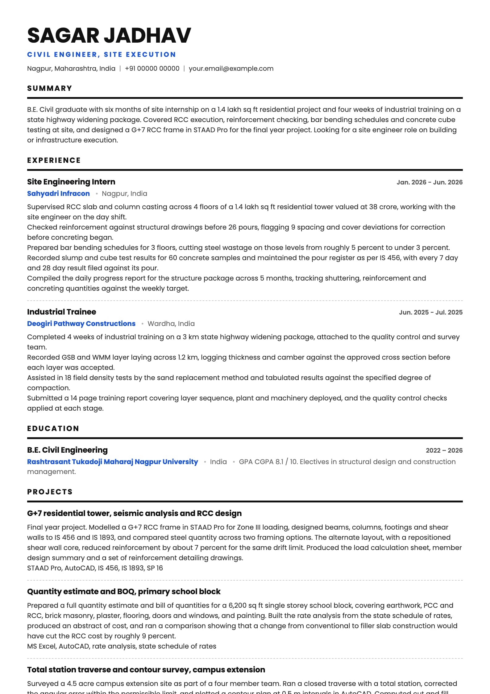 Civil Engineer resume example for Fresher (0 years), bold-rule template, showing professional summary, work experience, projects, skills, education and certifications