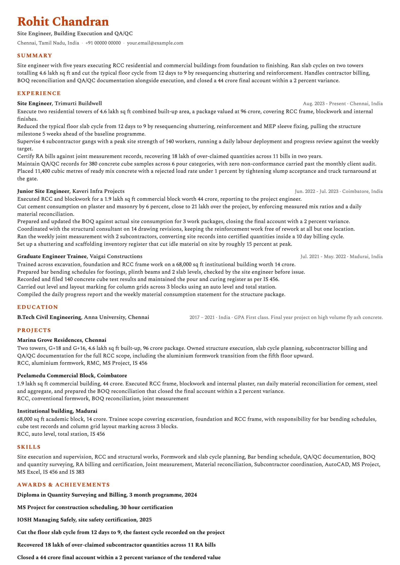 Civil Engineer resume example for Site Engineer (5 years), accent-compact template, showing professional summary, work experience, projects, skills, education and certifications