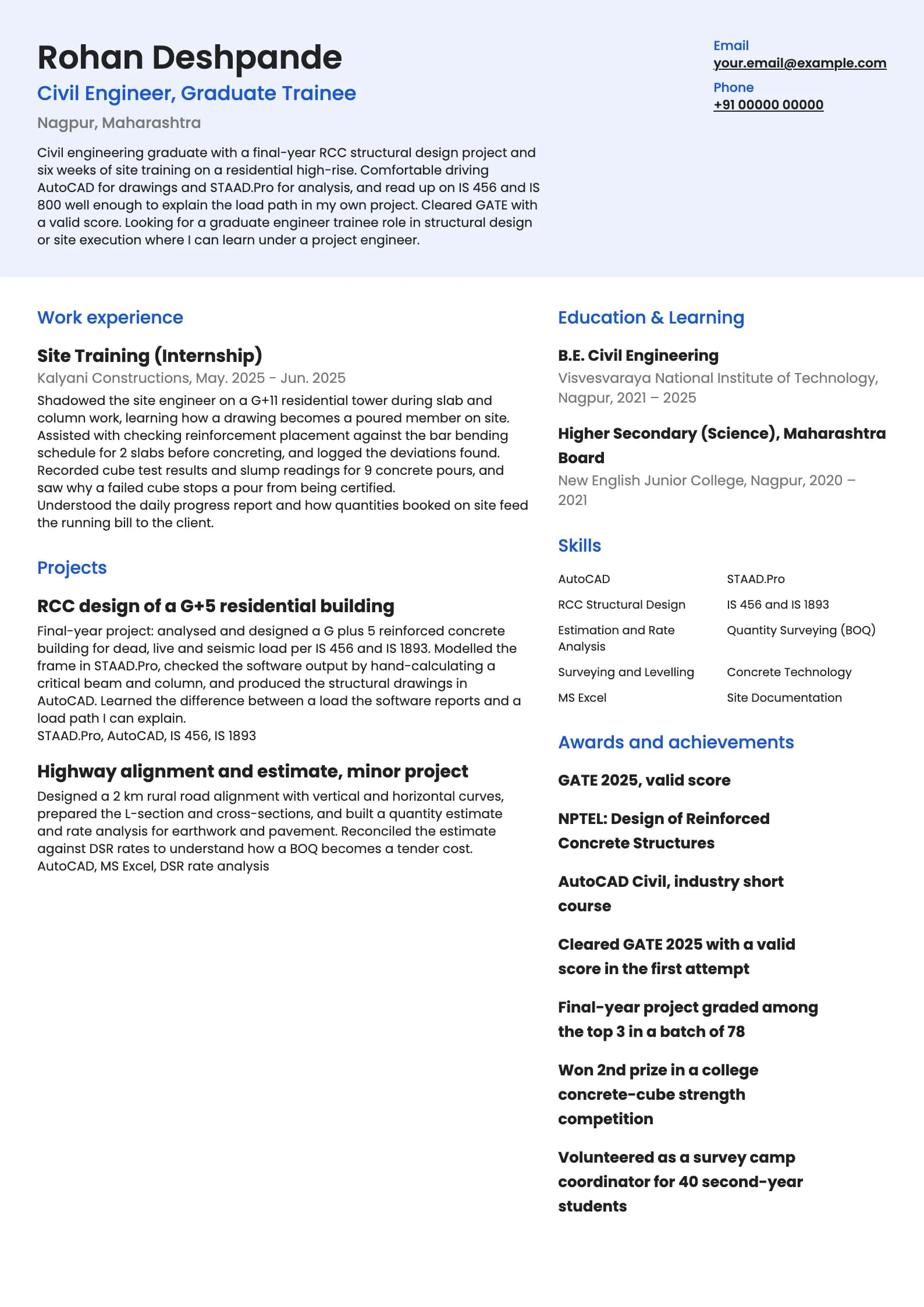 Civil Engineer resume example for Fresher (0 years), modern template, showing professional summary, work experience, projects, skills, education and certifications