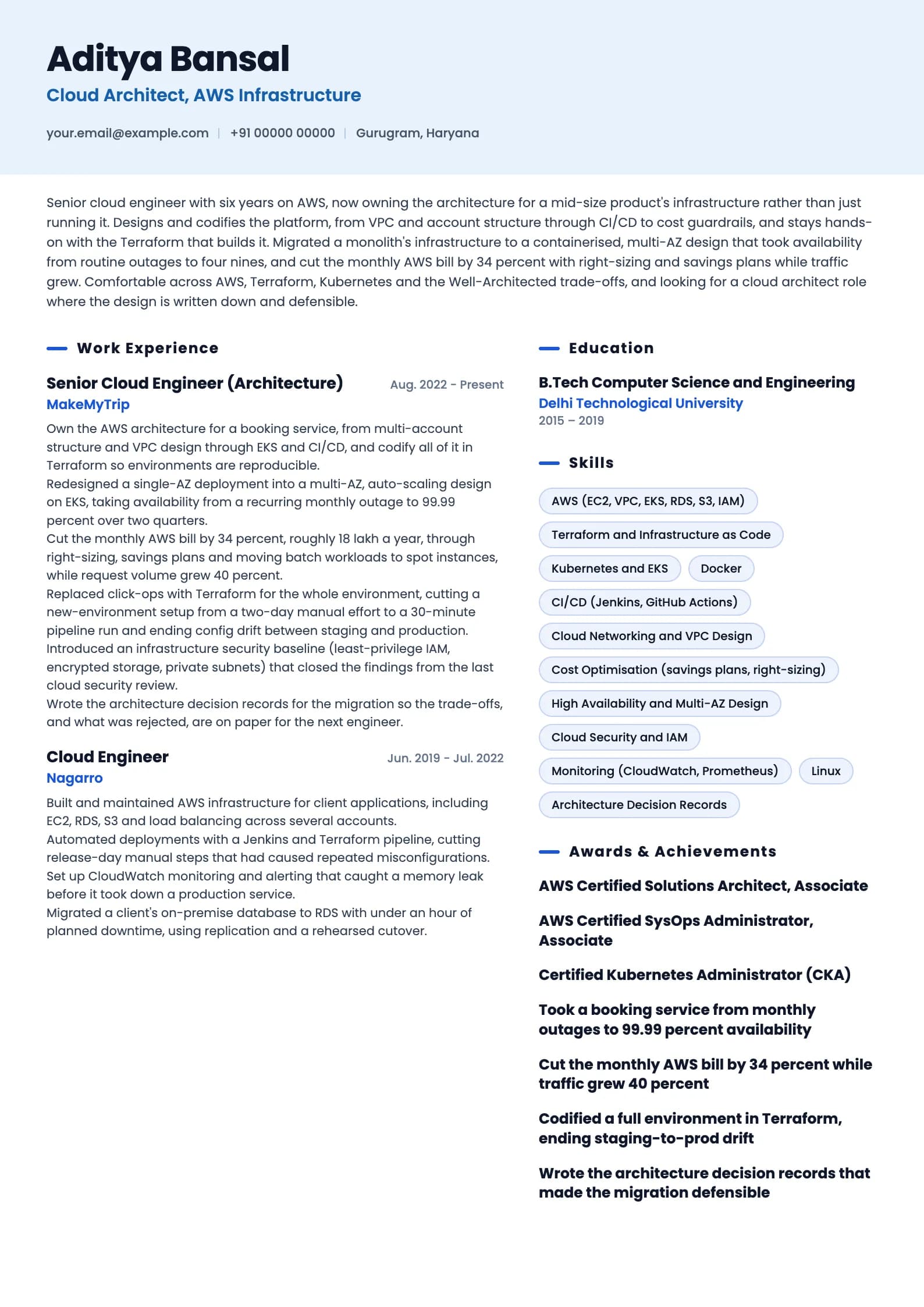 Cloud Architect resume example for Emerging Architect (6 years), ai-era template, showing professional summary, work experience, skills, education and certifications