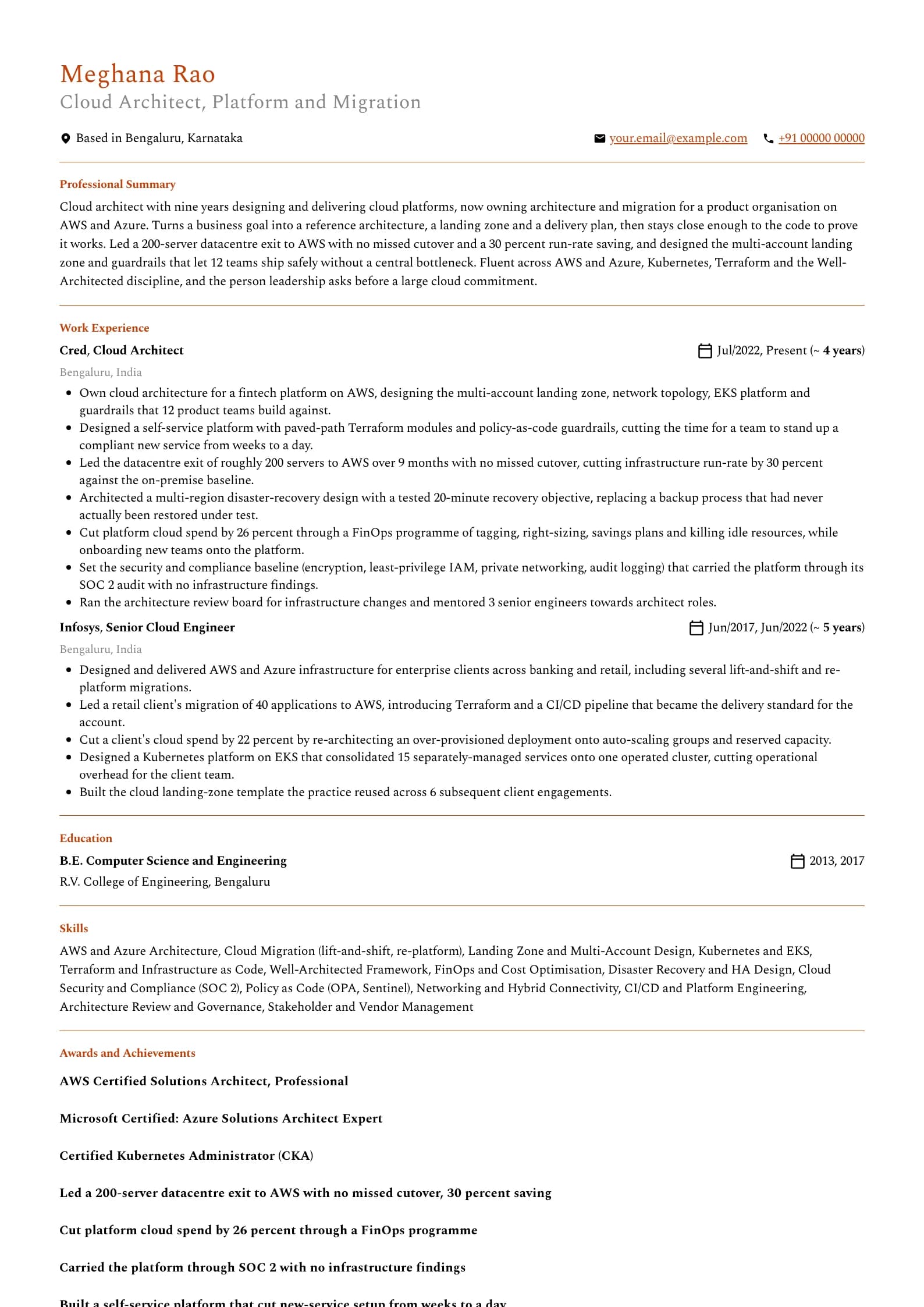Cloud Architect resume example for Cloud Architect (9 years), professional template, showing professional summary, work experience, skills, education and certifications