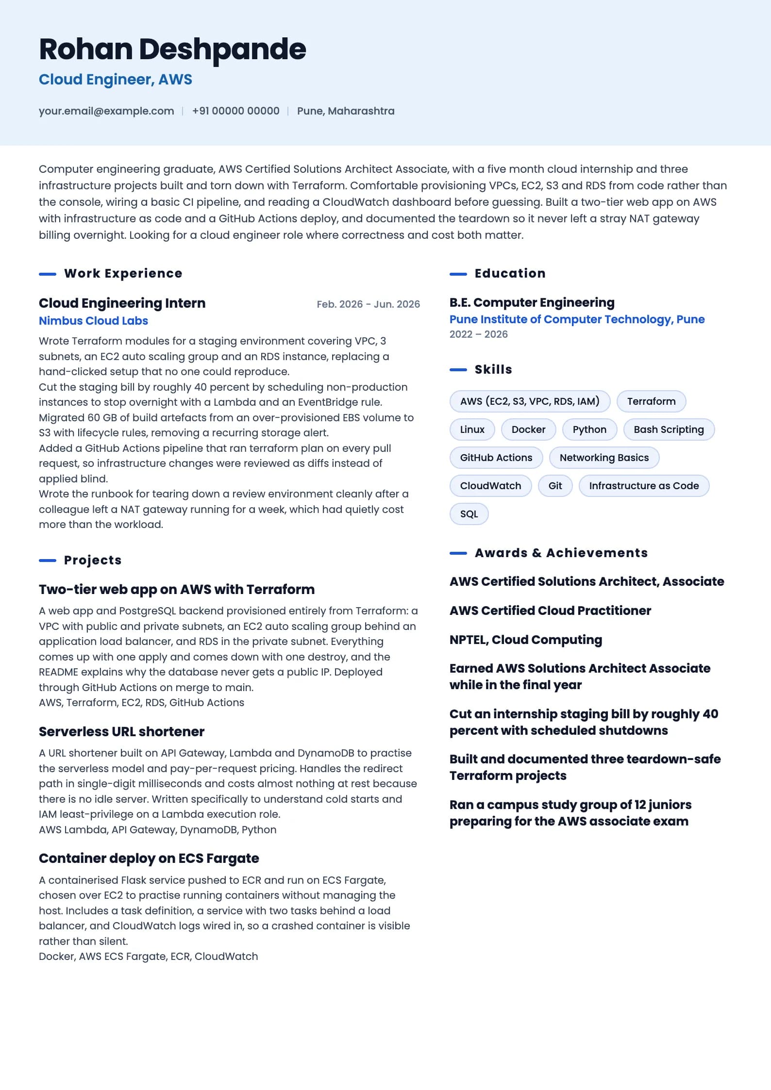 Cloud Engineer resume example for Fresher (0 years), ai-era template, showing professional summary, work experience, projects, skills, education and certifications