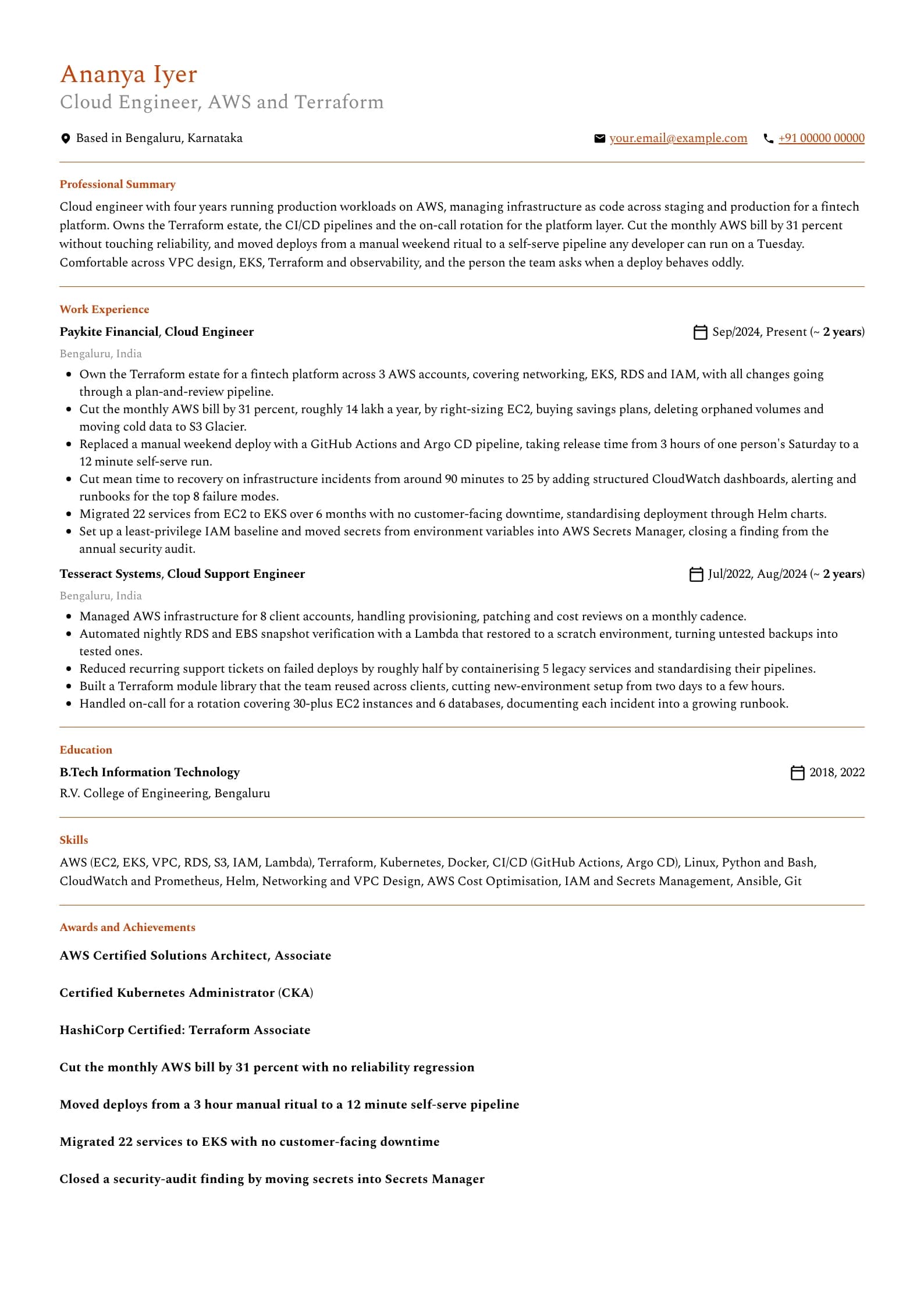 Cloud Engineer resume example for Mid-level (4 years), professional template, showing professional summary, work experience, skills, education and certifications