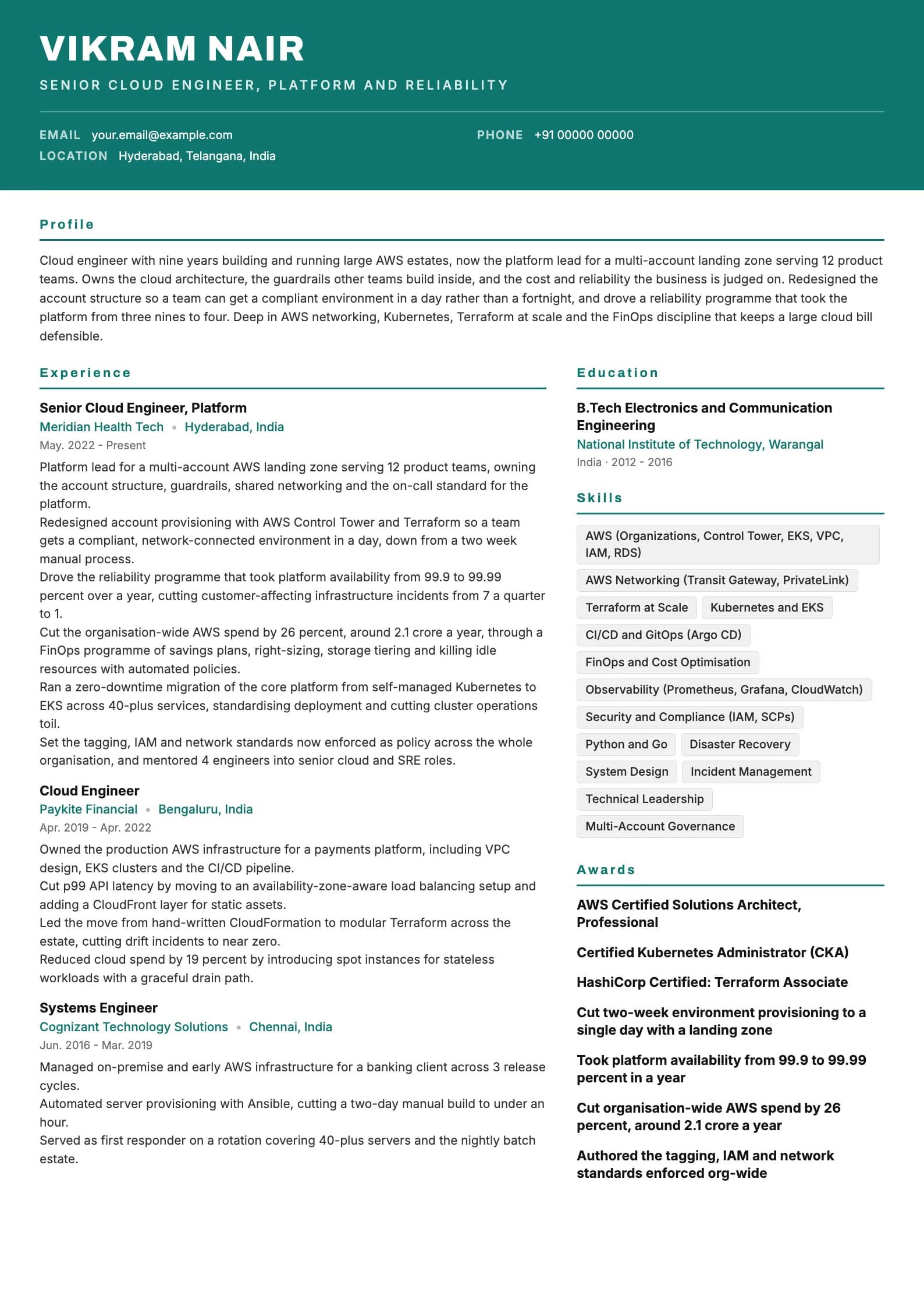 Cloud Engineer resume example for Senior (9 years), header-band template, showing professional summary, work experience, skills, education and certifications