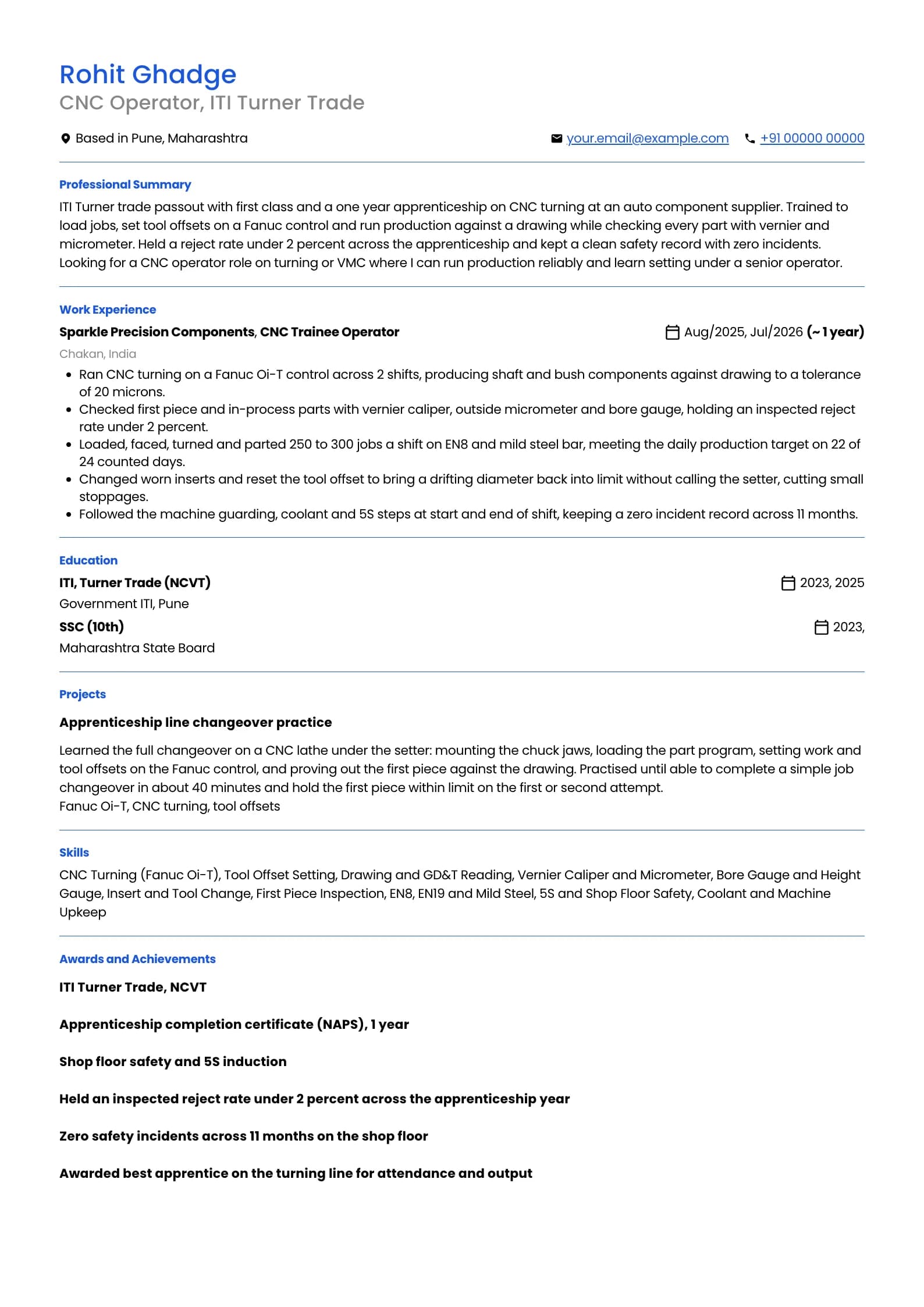 CNC Operator resume example for ITI Passout (0 to 1 year), minimalist template, showing professional summary, work experience, projects, skills, education and certifications
