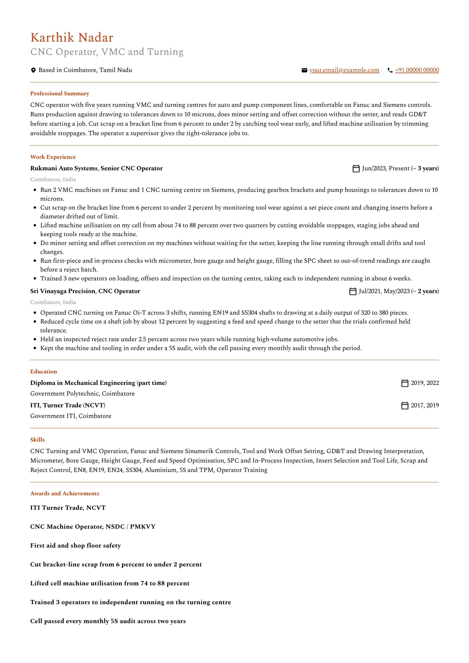 CNC Operator resume example for Experienced (5 years), professional template, showing professional summary, work experience, skills, education and certifications