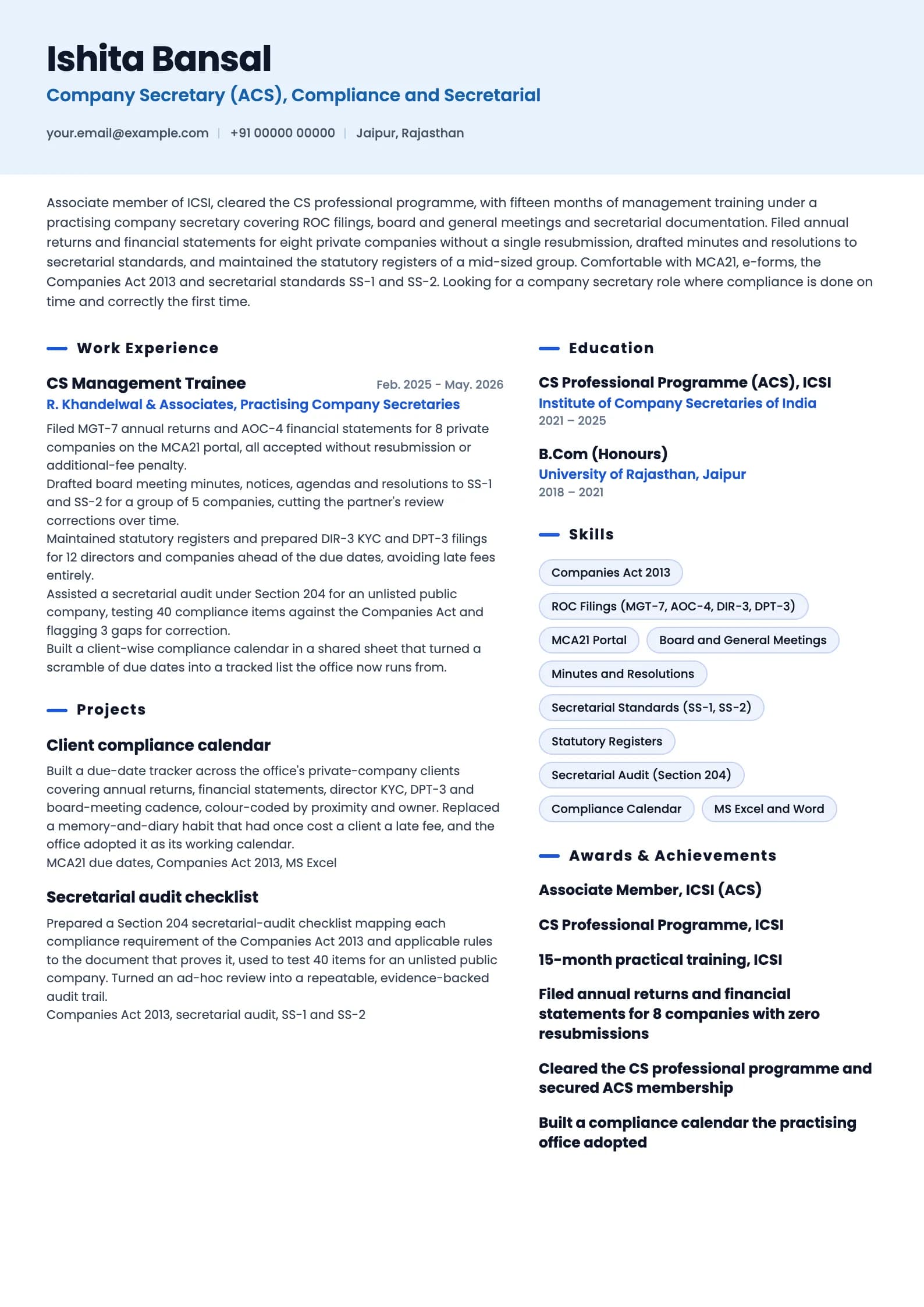 Company Secretary resume example for Management Trainee / Fresher (ACS, 0 years), ai-era template, showing professional summary, work experience, projects, skills, education and certifications