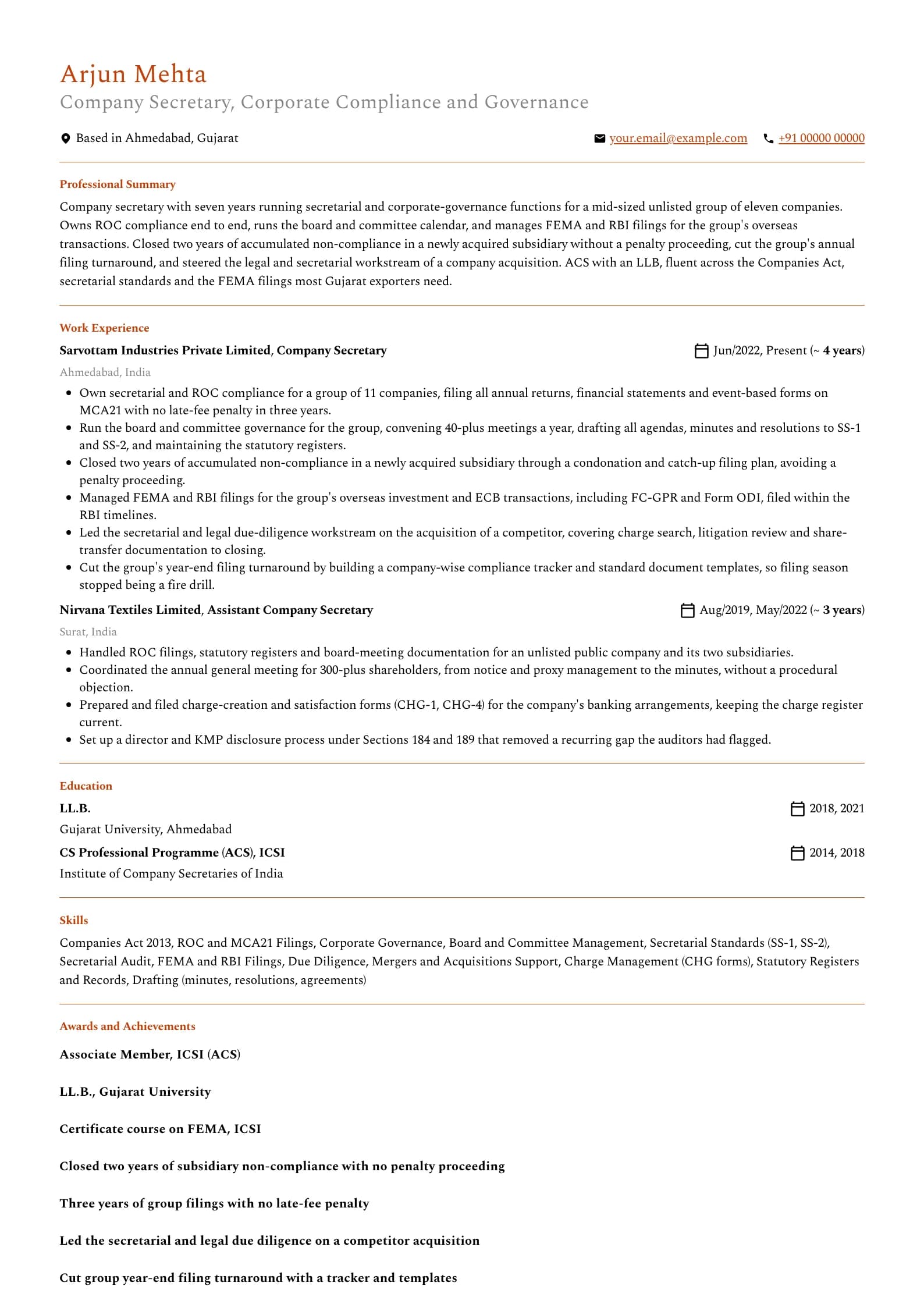 Company Secretary resume example for Company Secretary (7 years, unlisted), professional template, showing professional summary, work experience, skills, education and certifications