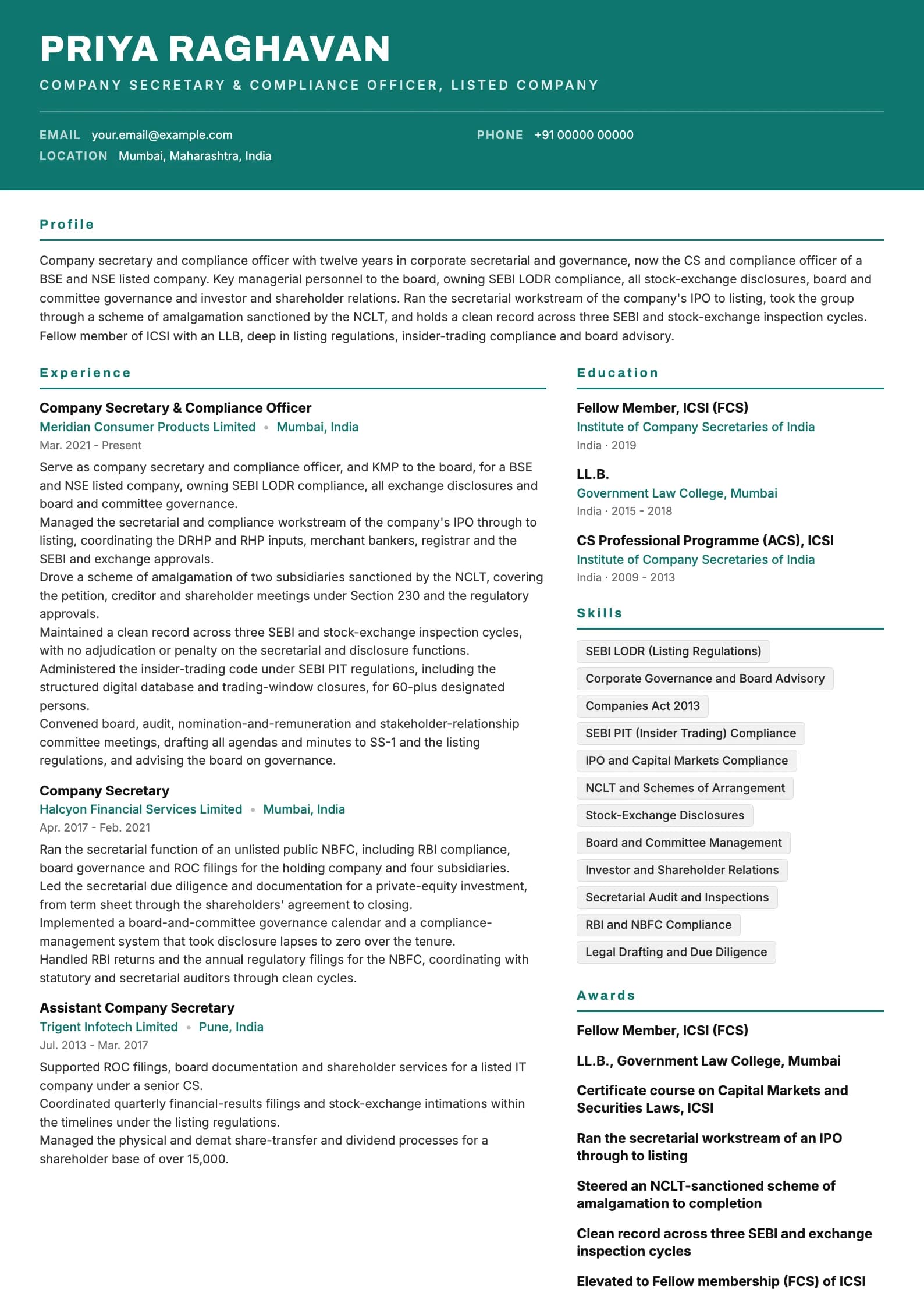 Company Secretary resume example for CS & Compliance Officer (12 years, listed), header-band template, showing professional summary, work experience, skills, education and certifications