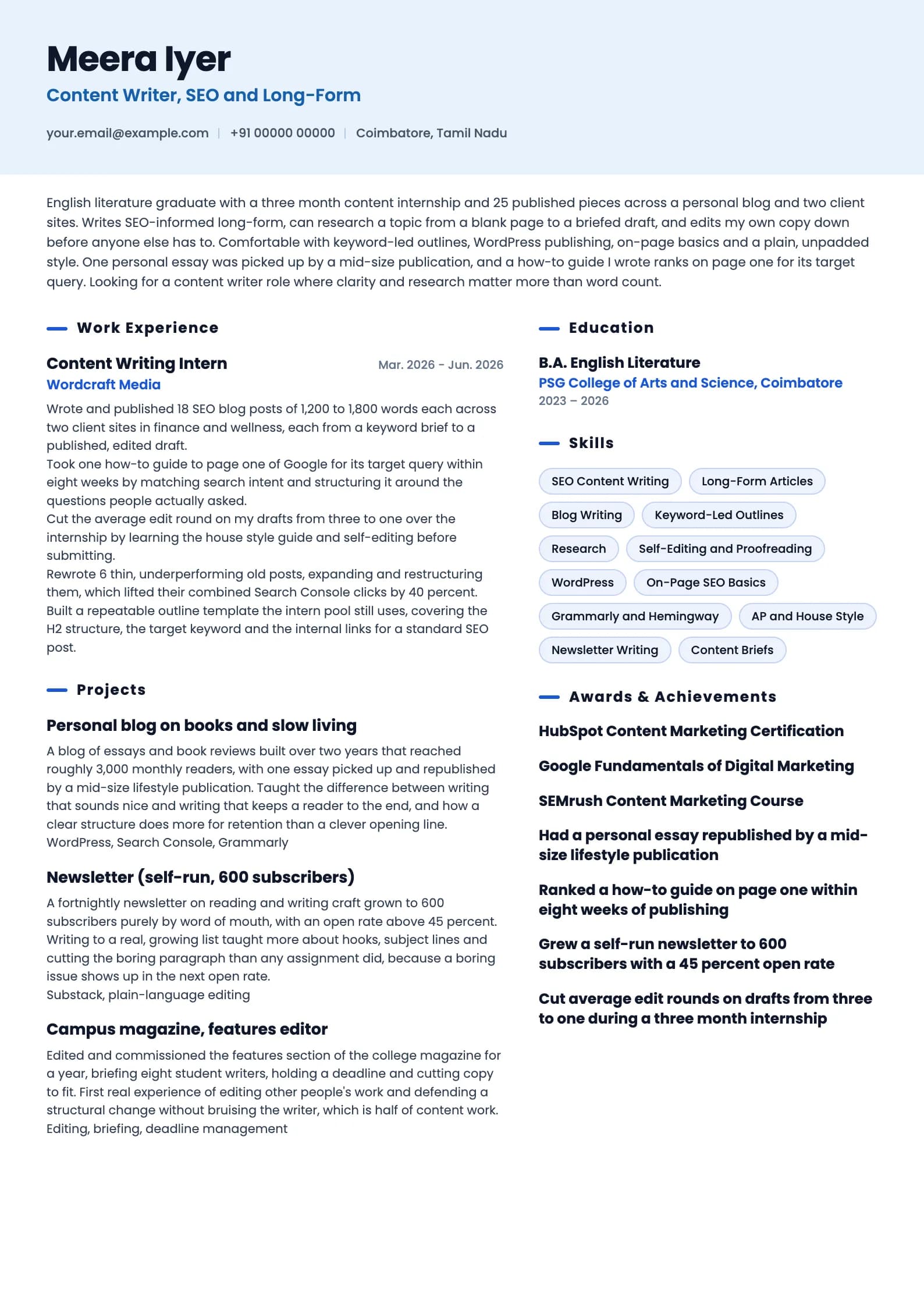 Content Writer resume example for Fresher (0 to 1 year), ai-era template, showing professional summary, work experience, projects, skills, education and certifications