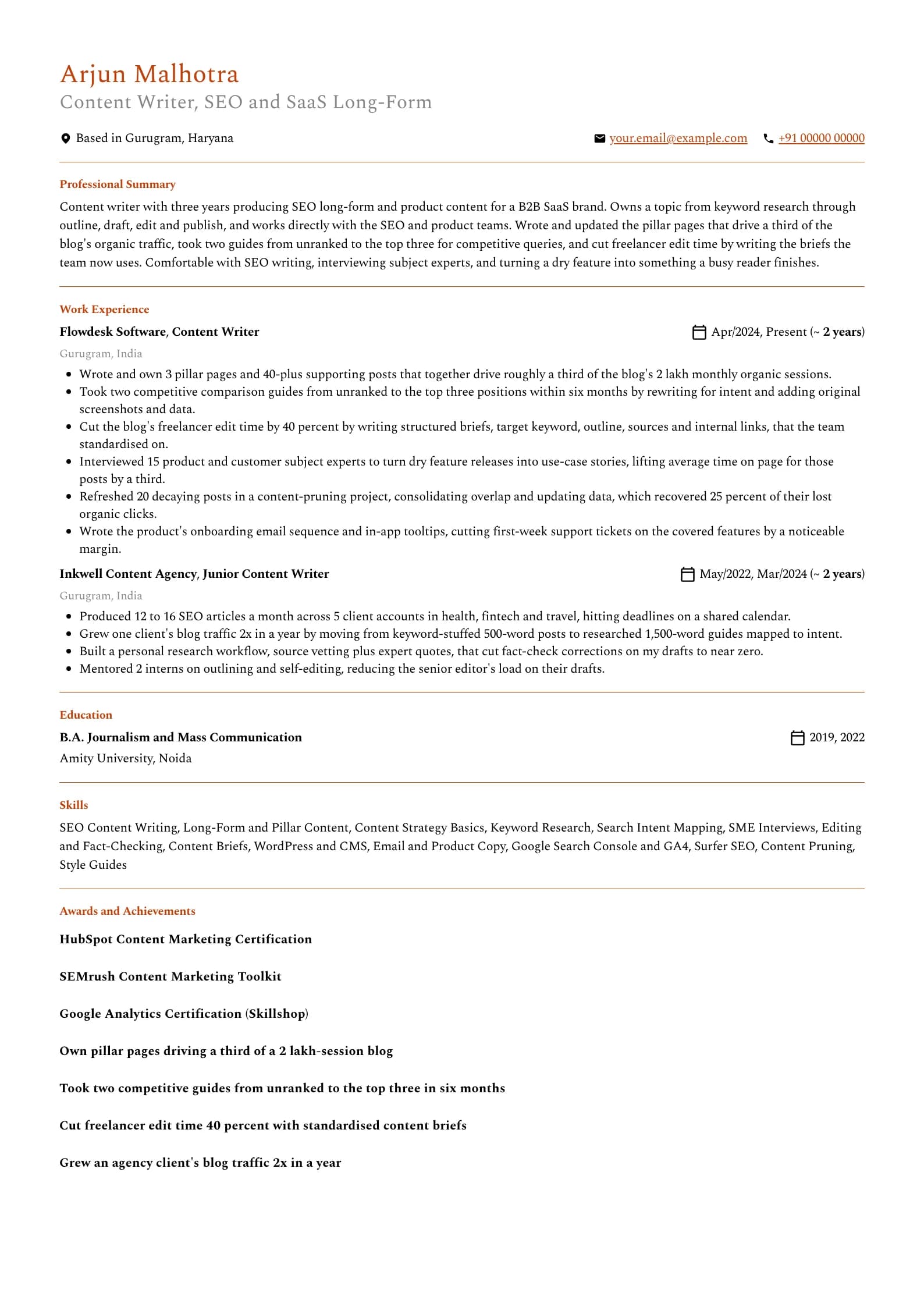 Content Writer resume example for Mid-level (3 years), professional template, showing professional summary, work experience, skills, education and certifications