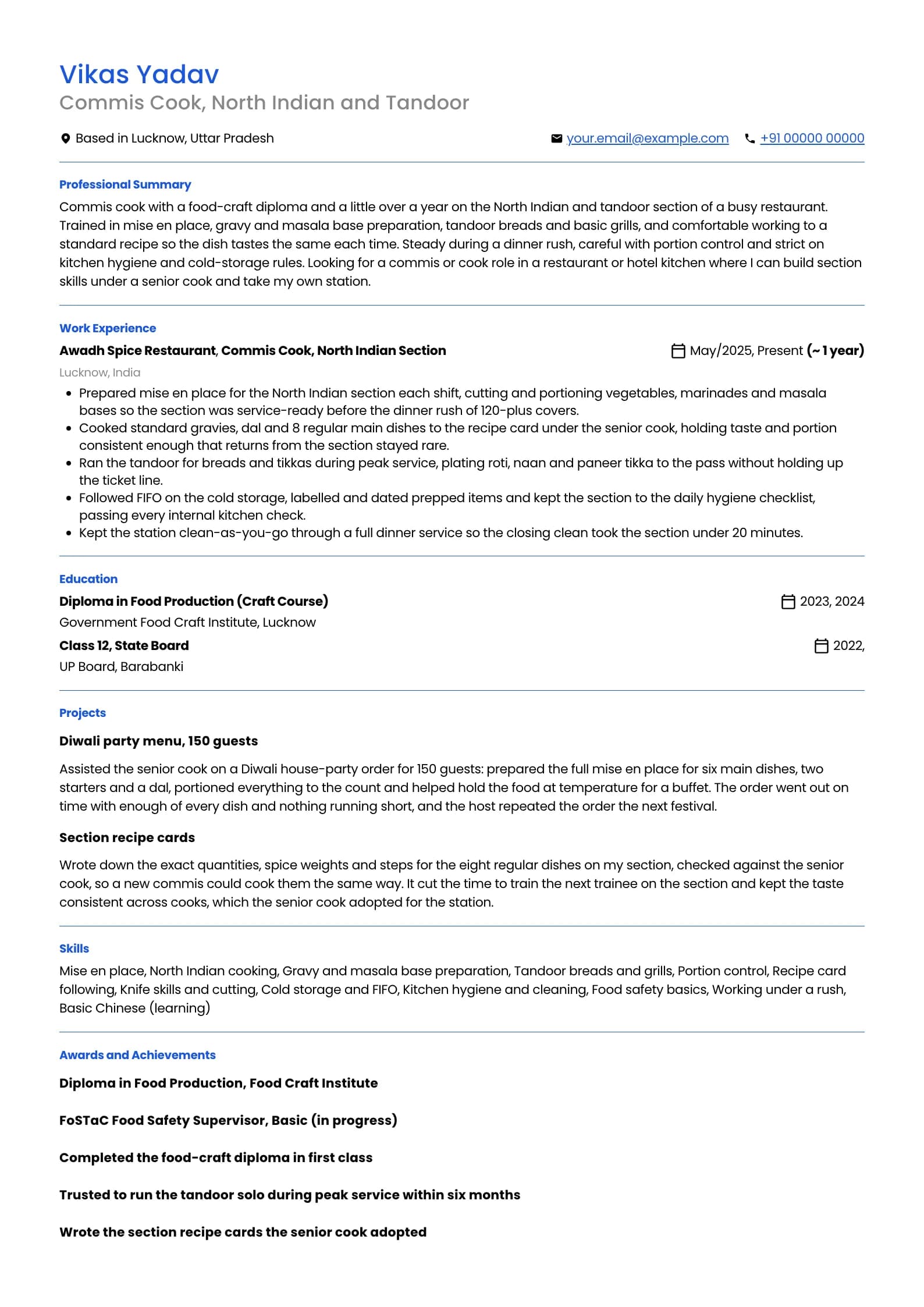 Cook resume example for Trainee and Commis Cook (0 to 1 year), minimalist template, showing professional summary, work experience, projects, skills, education and certifications