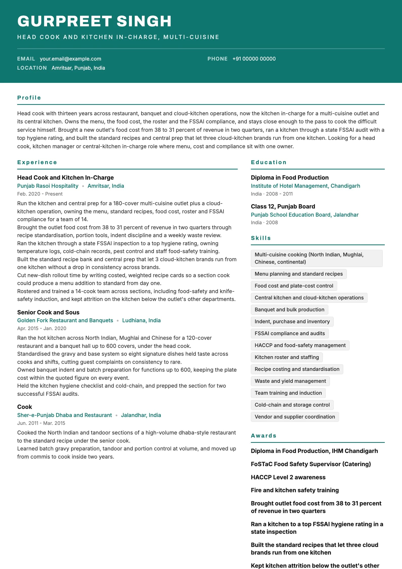 Cook resume example for Head Cook and Kitchen In-Charge (13 years), header-band template, showing professional summary, work experience, skills, education and certifications