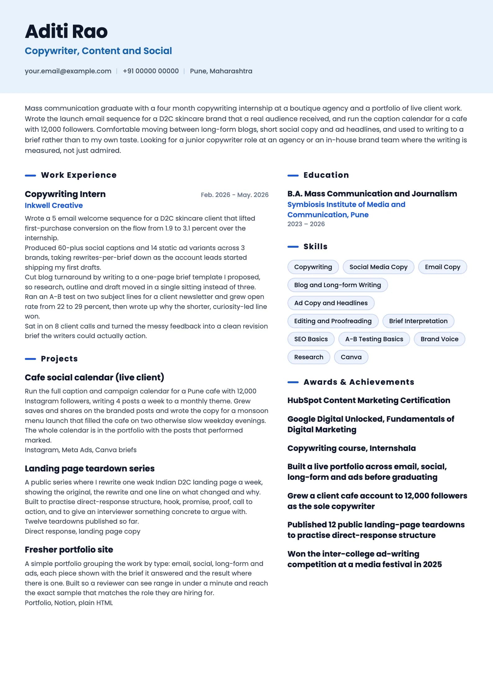 Copywriter resume example for Fresher (0 years), ai-era template, showing professional summary, work experience, projects, skills, education and certifications