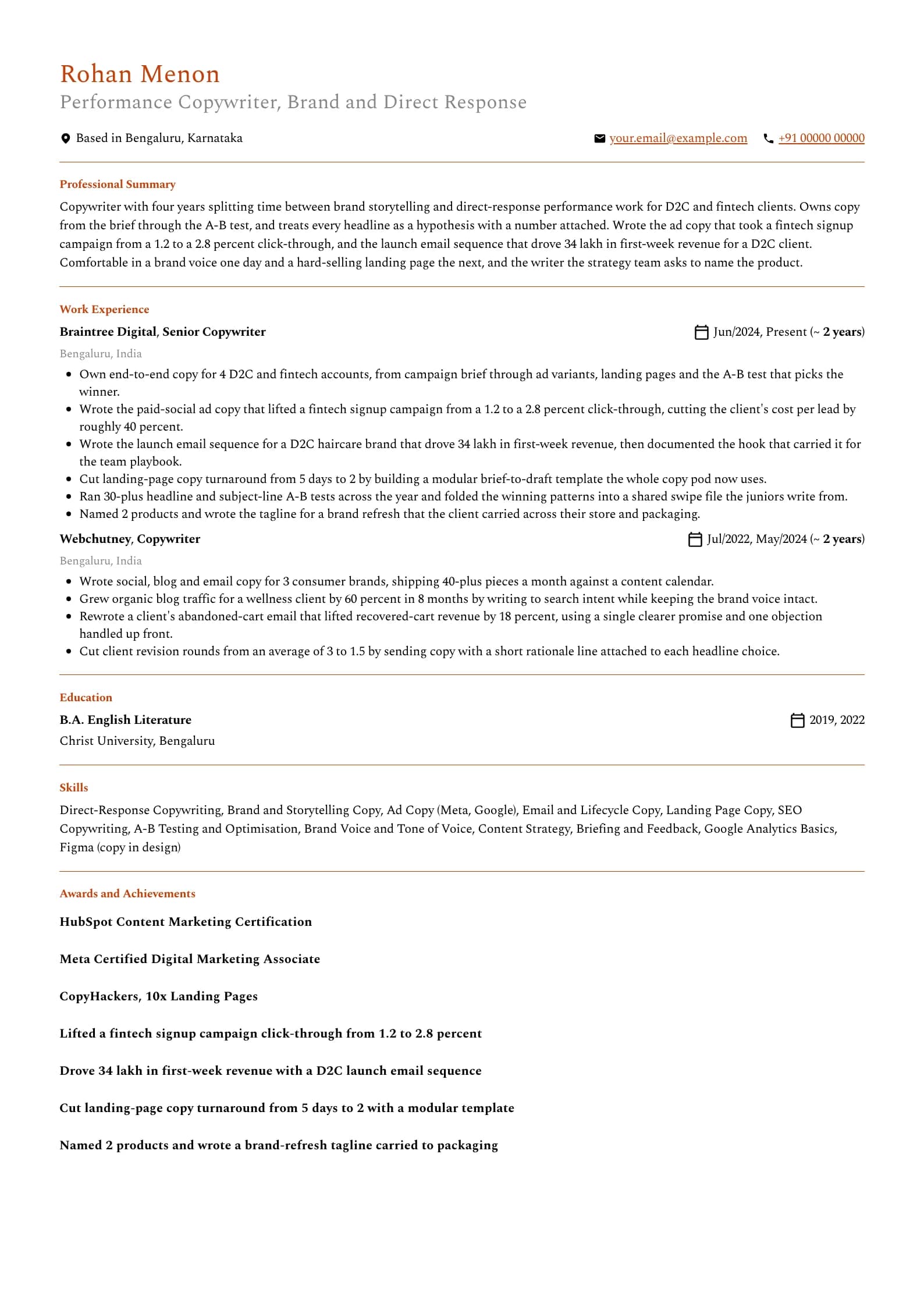 Copywriter resume example for Mid-level (4 years), professional template, showing professional summary, work experience, skills, education and certifications