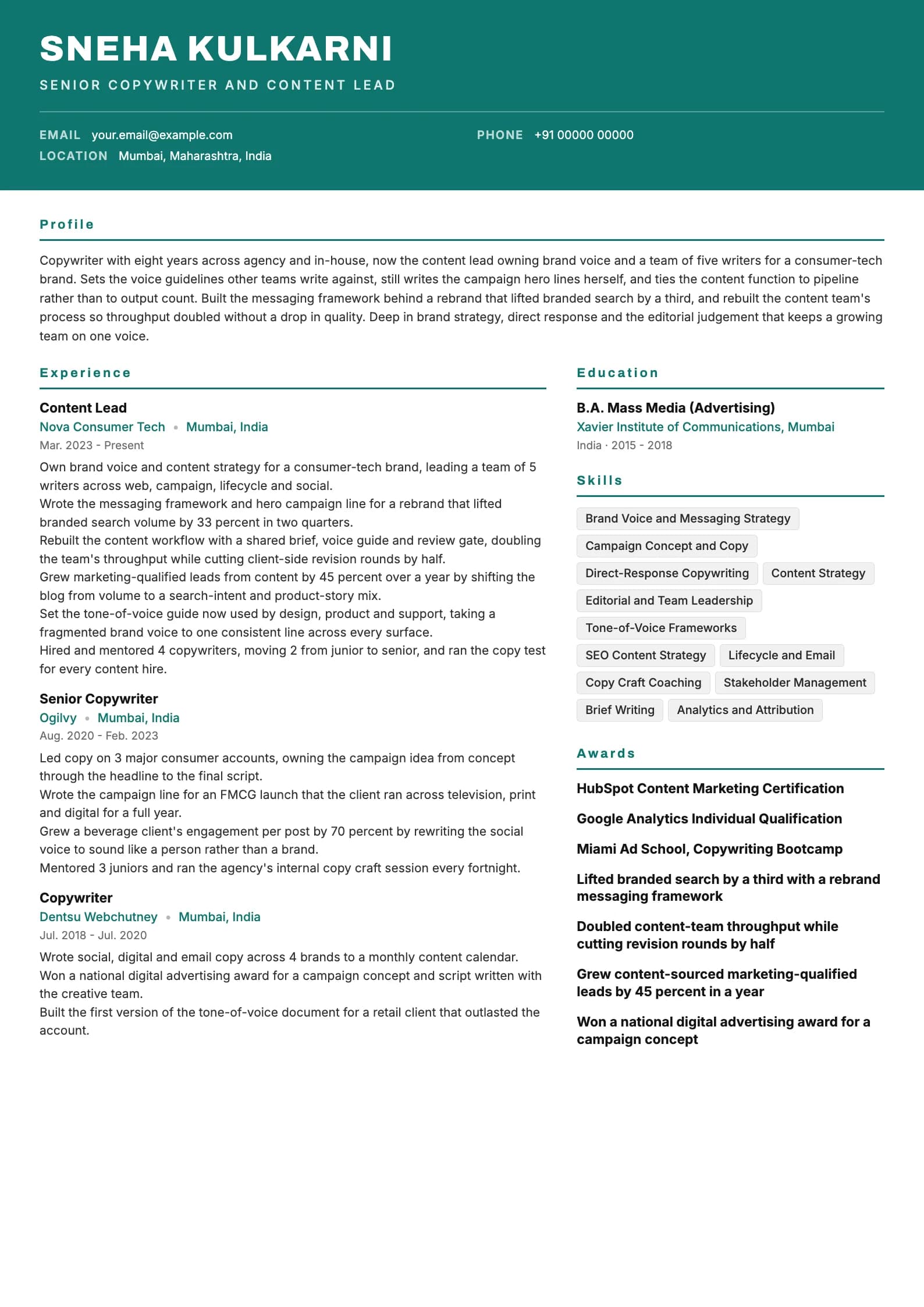 Copywriter resume example for Senior (8 years), header-band template, showing professional summary, work experience, skills, education and certifications