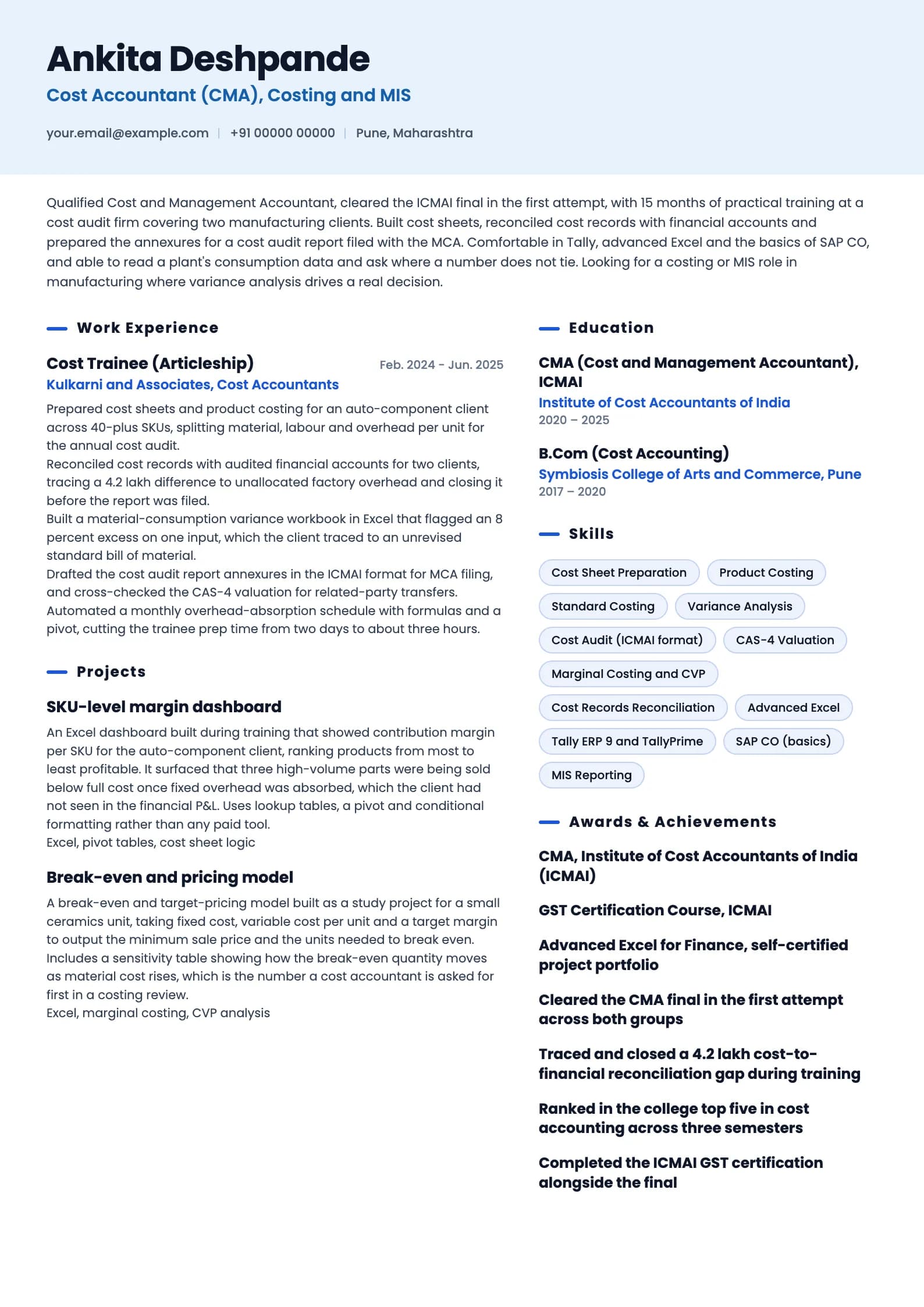 Cost Accountant resume example for Fresher CMA (0 years), ai-era template, showing professional summary, work experience, projects, skills, education and certifications