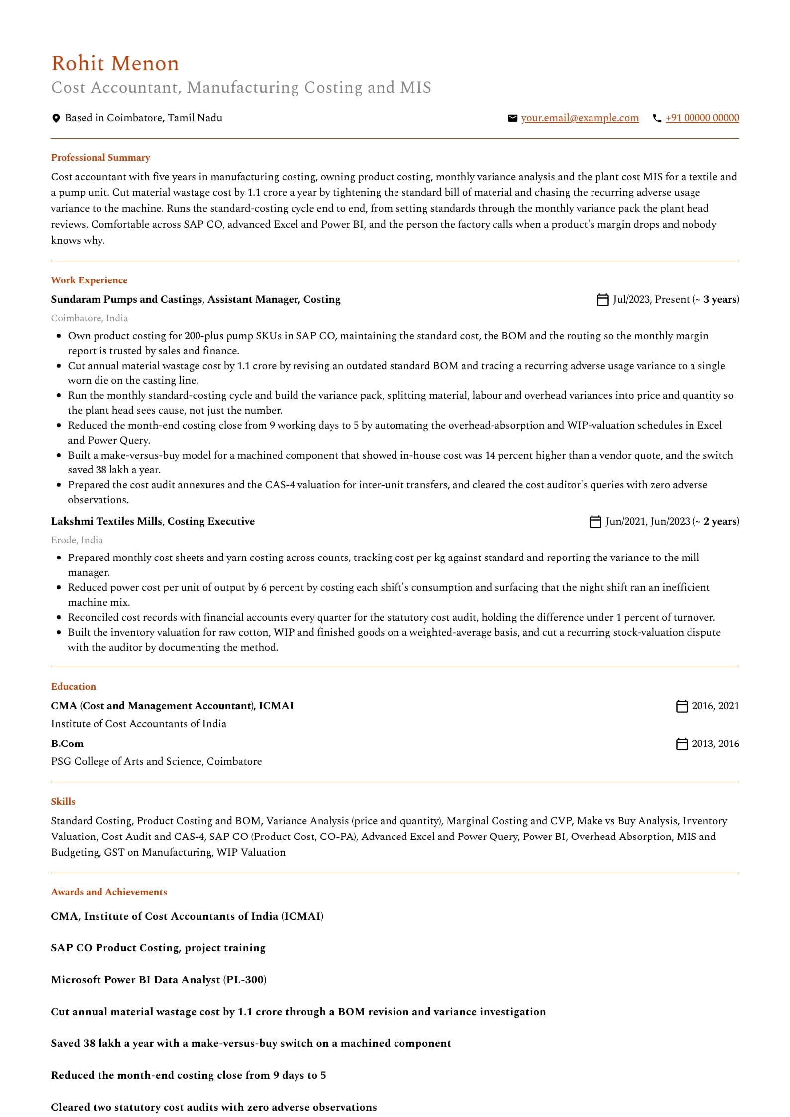 Cost Accountant resume example for Costing Manager (5 years), professional template, showing professional summary, work experience, skills, education and certifications