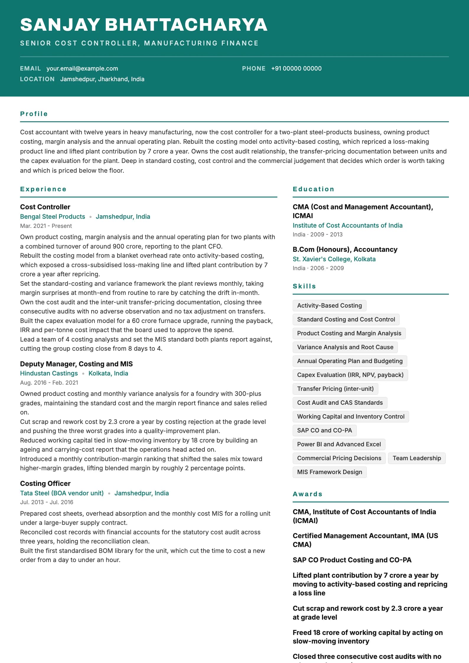 Cost Accountant resume example for Senior Cost Controller (12 years), header-band template, showing professional summary, work experience, skills, education and certifications