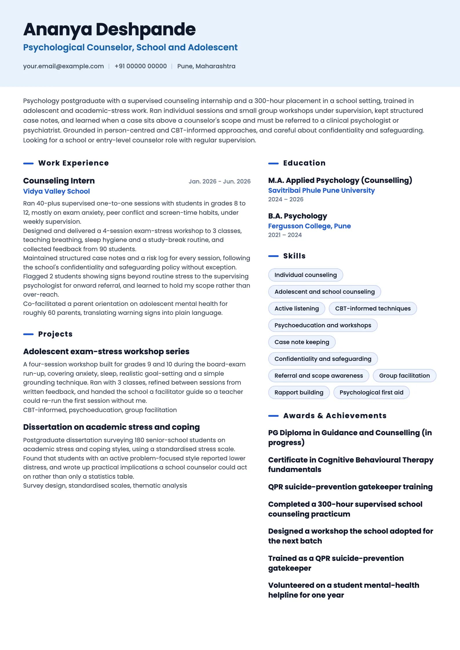 Counselor resume example for Fresher (0 to 1 year), ai-era template, showing professional summary, work experience, projects, skills, education and certifications