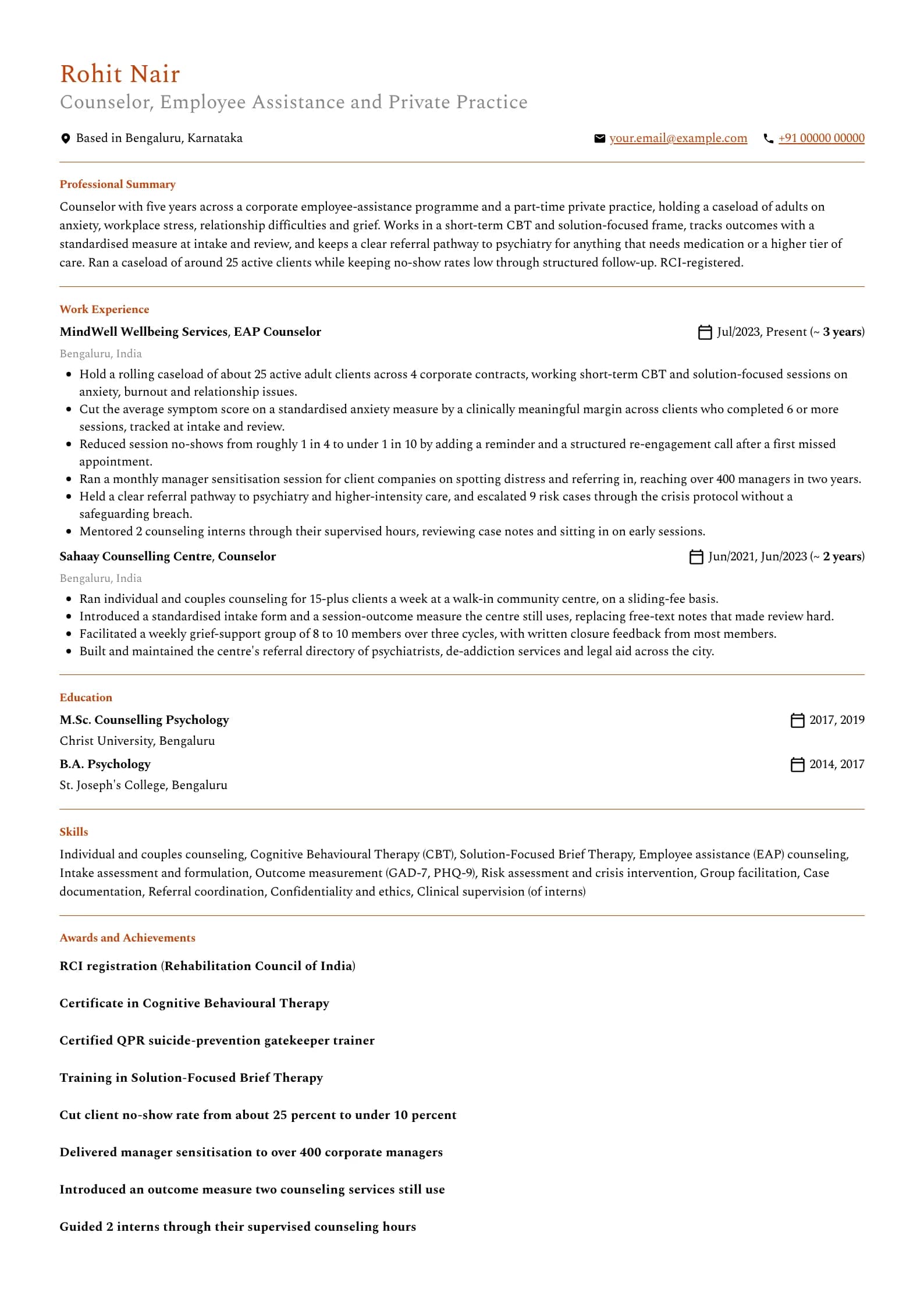 Counselor resume example for Clinical / EAP counselor (5 years), professional template, showing professional summary, work experience, skills, education and certifications