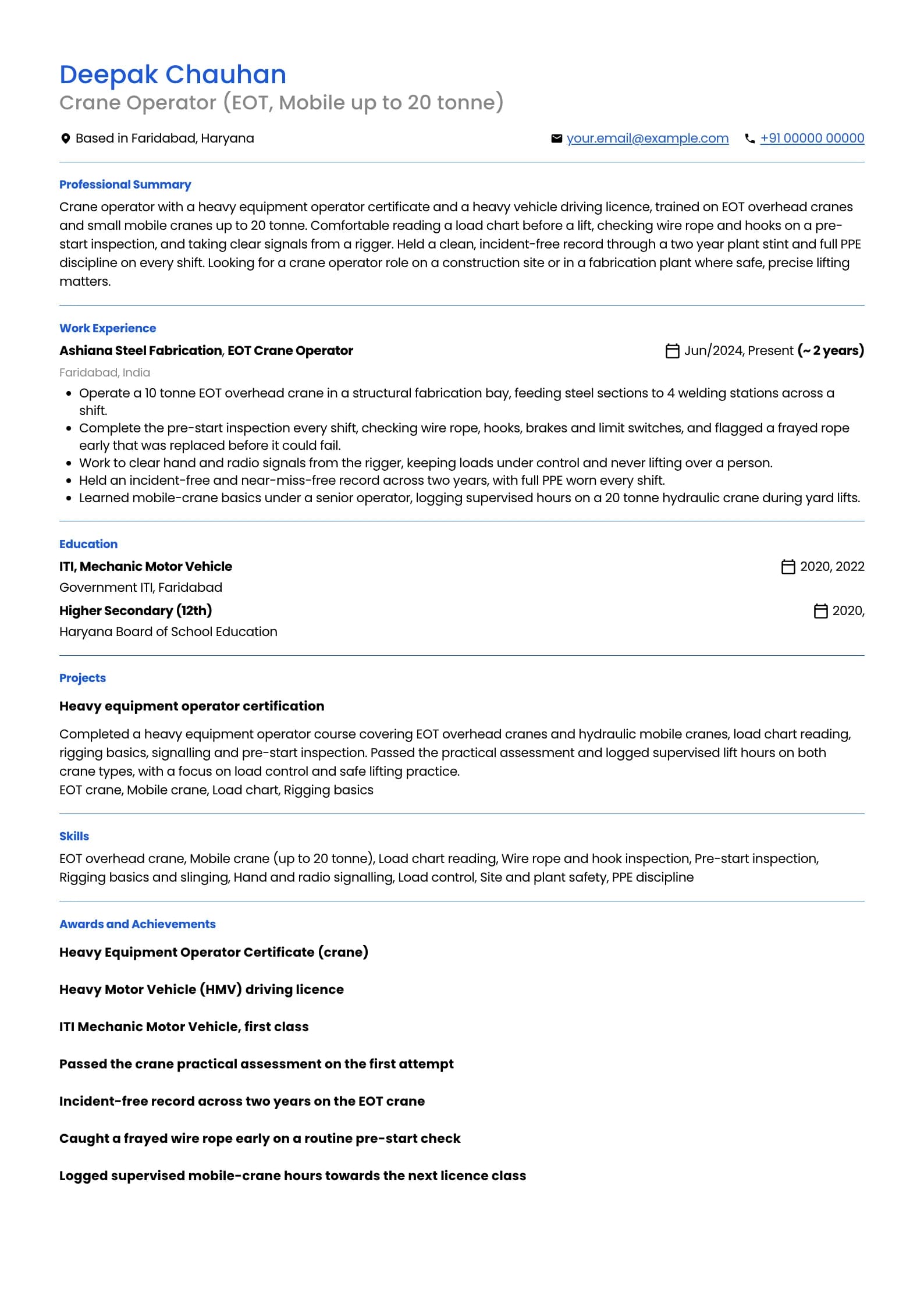 Crane Operator resume example for EOT and Entry Operator (0 to 2 years), minimalist template, showing professional summary, work experience, projects, skills, education and certifications