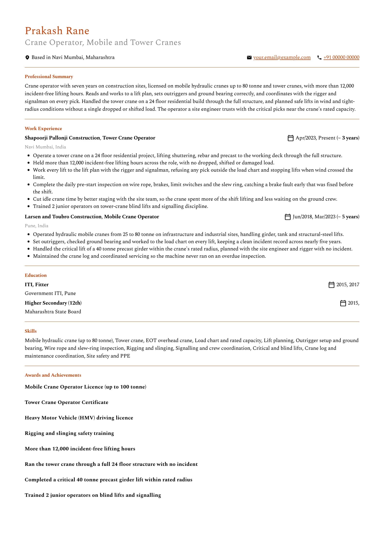 Crane Operator resume example for Mobile and Tower Crane Operator (7 years), professional template, showing professional summary, work experience, skills, education and certifications