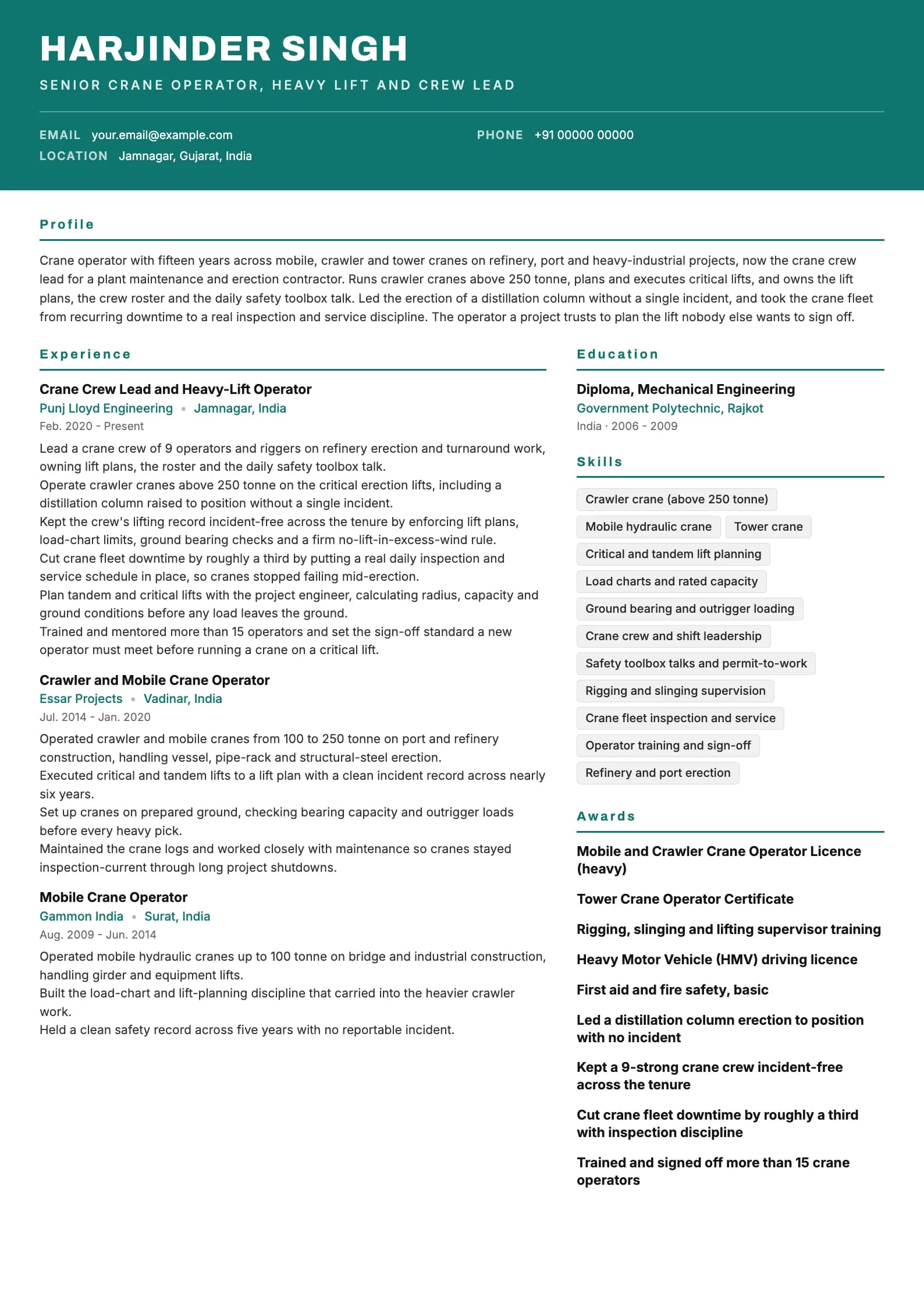 Crane Operator resume example for Heavy-Lift Operator and Lead (15 years), header-band template, showing professional summary, work experience, skills, education and certifications